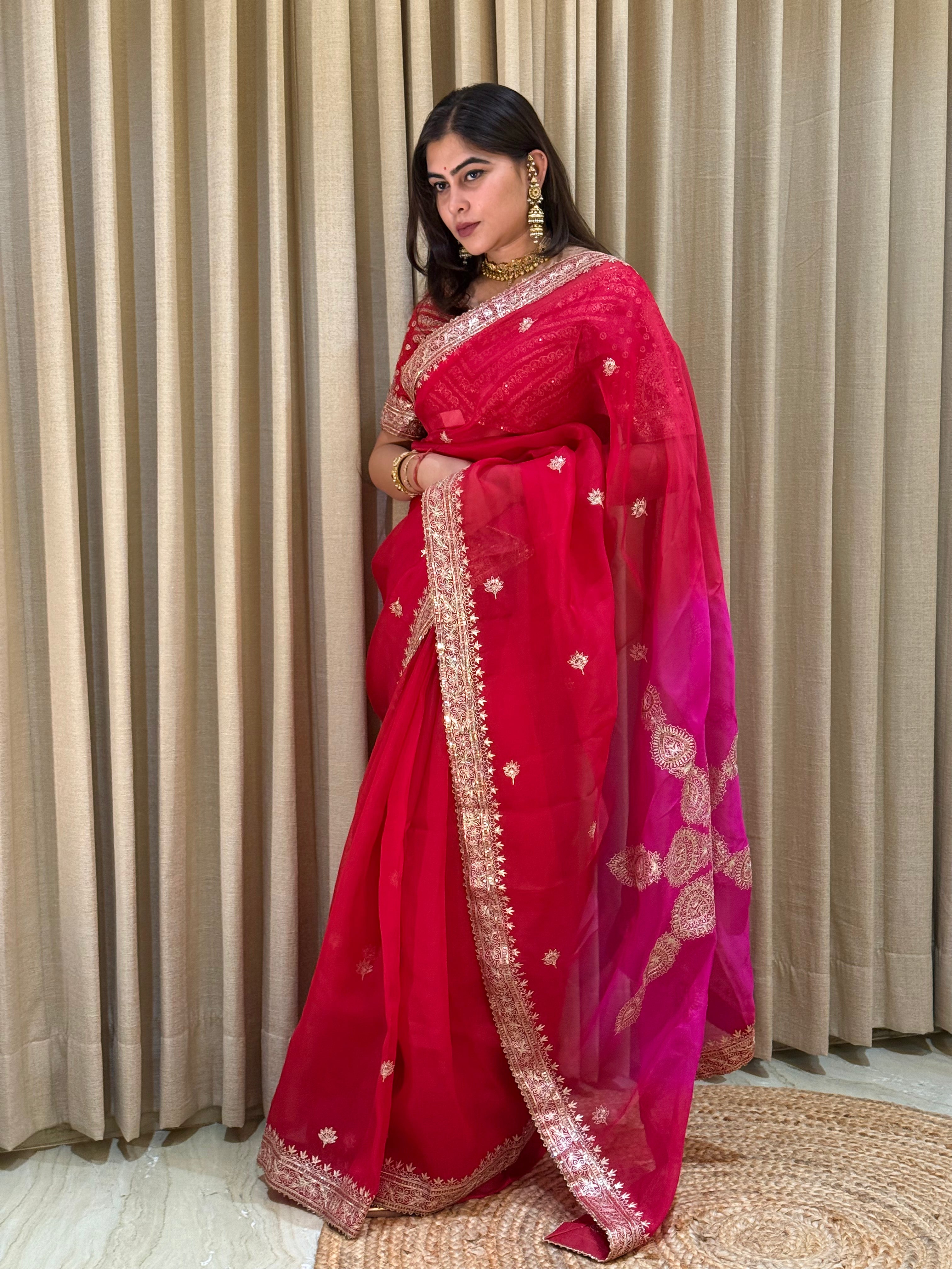 Nitya Red & Pink Shade Organza Saree