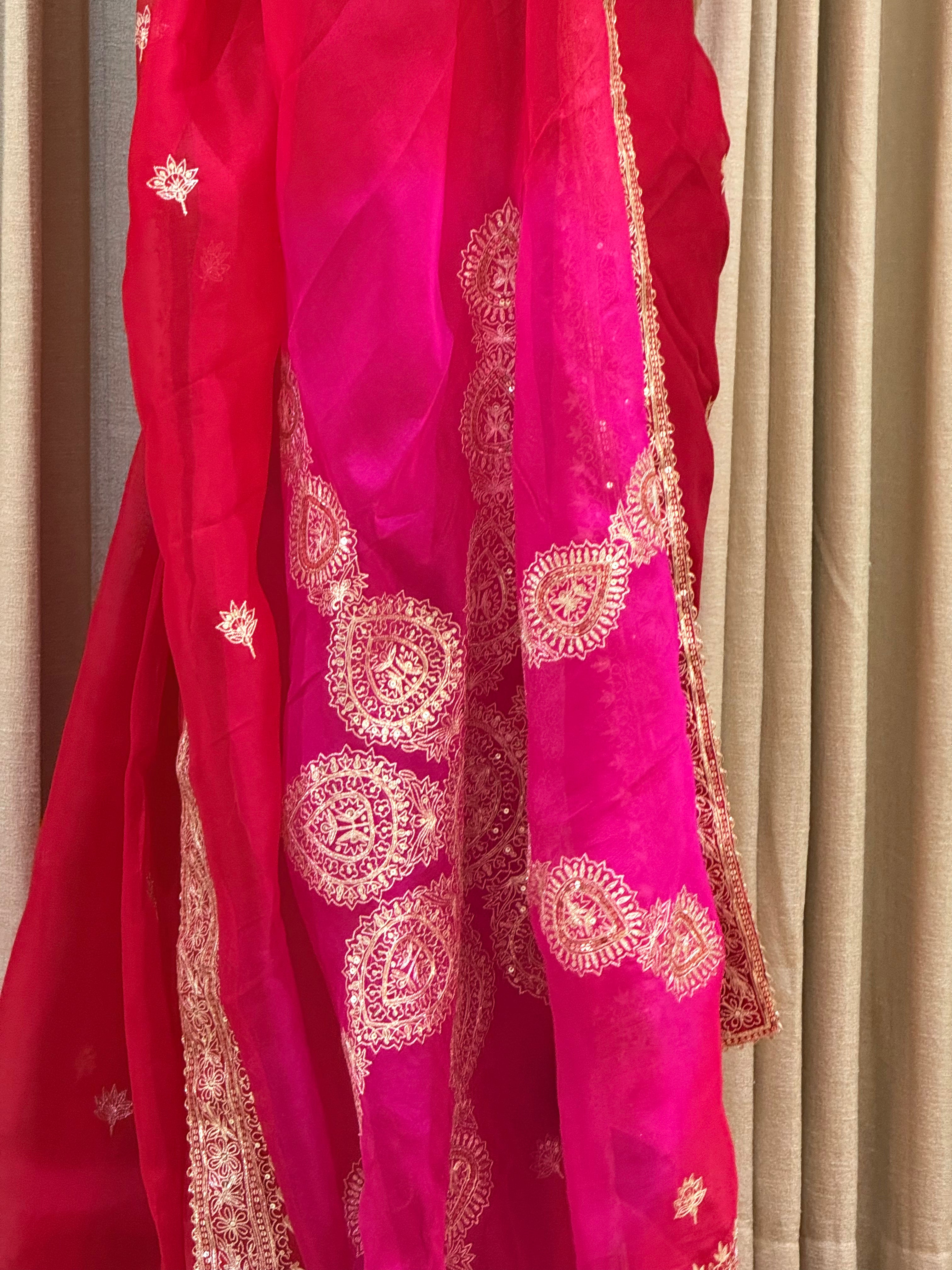 Nitya Red & Pink Shade Organza Saree