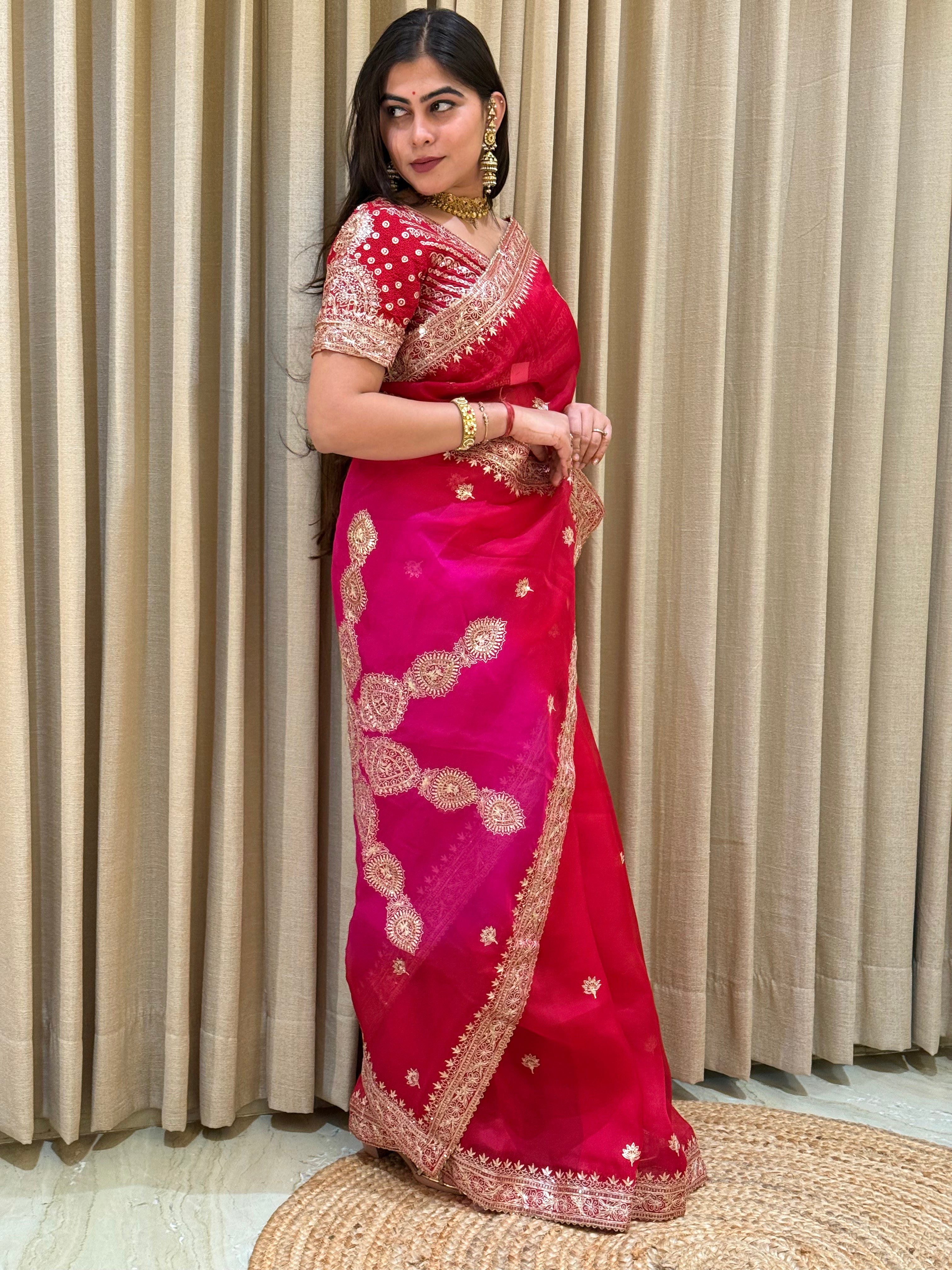 Nitya Red & Pink Shade Organza Saree