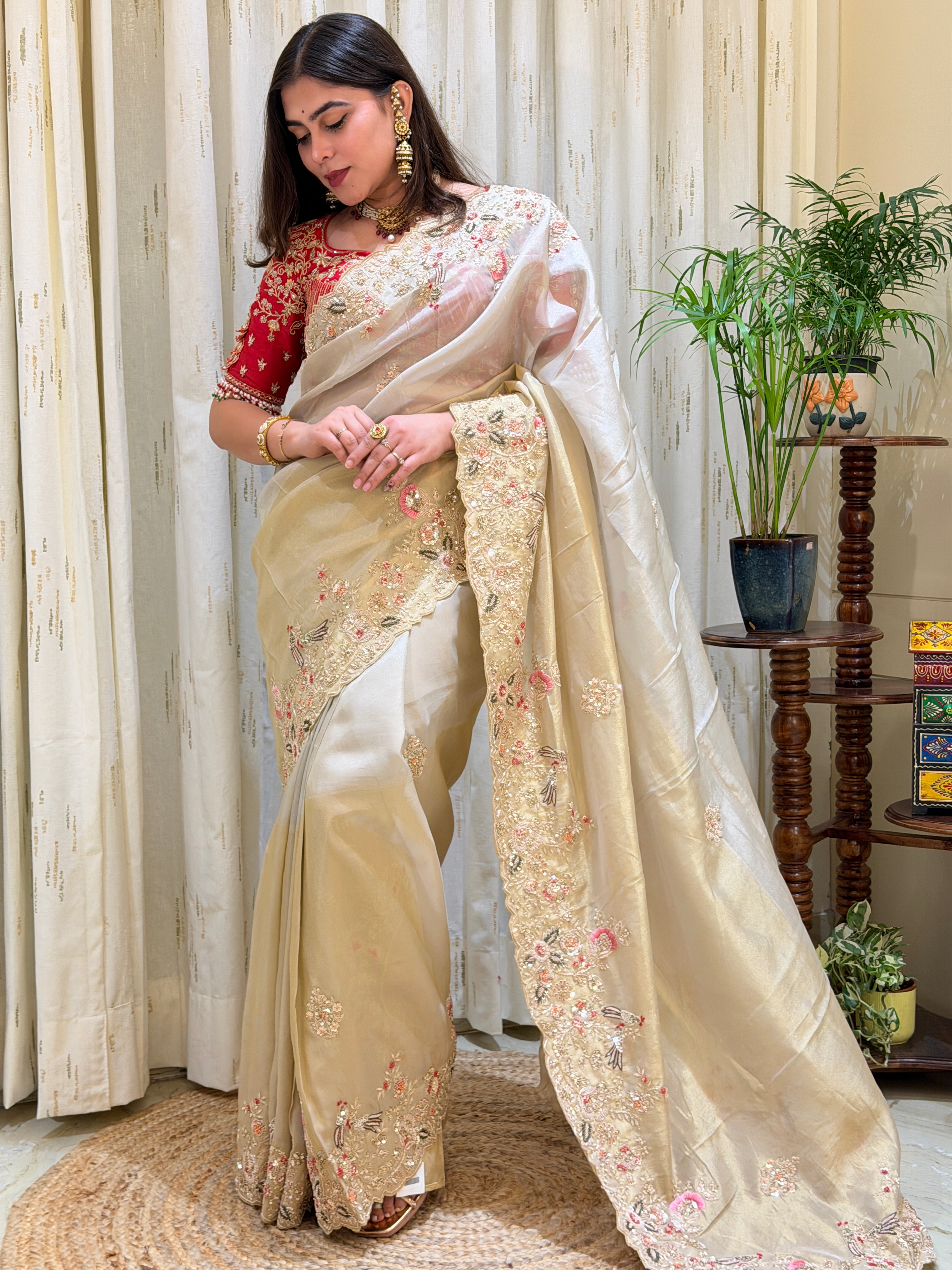 Aadhya Tissue Gold Ivory Zardozi Bridal Silk Saree