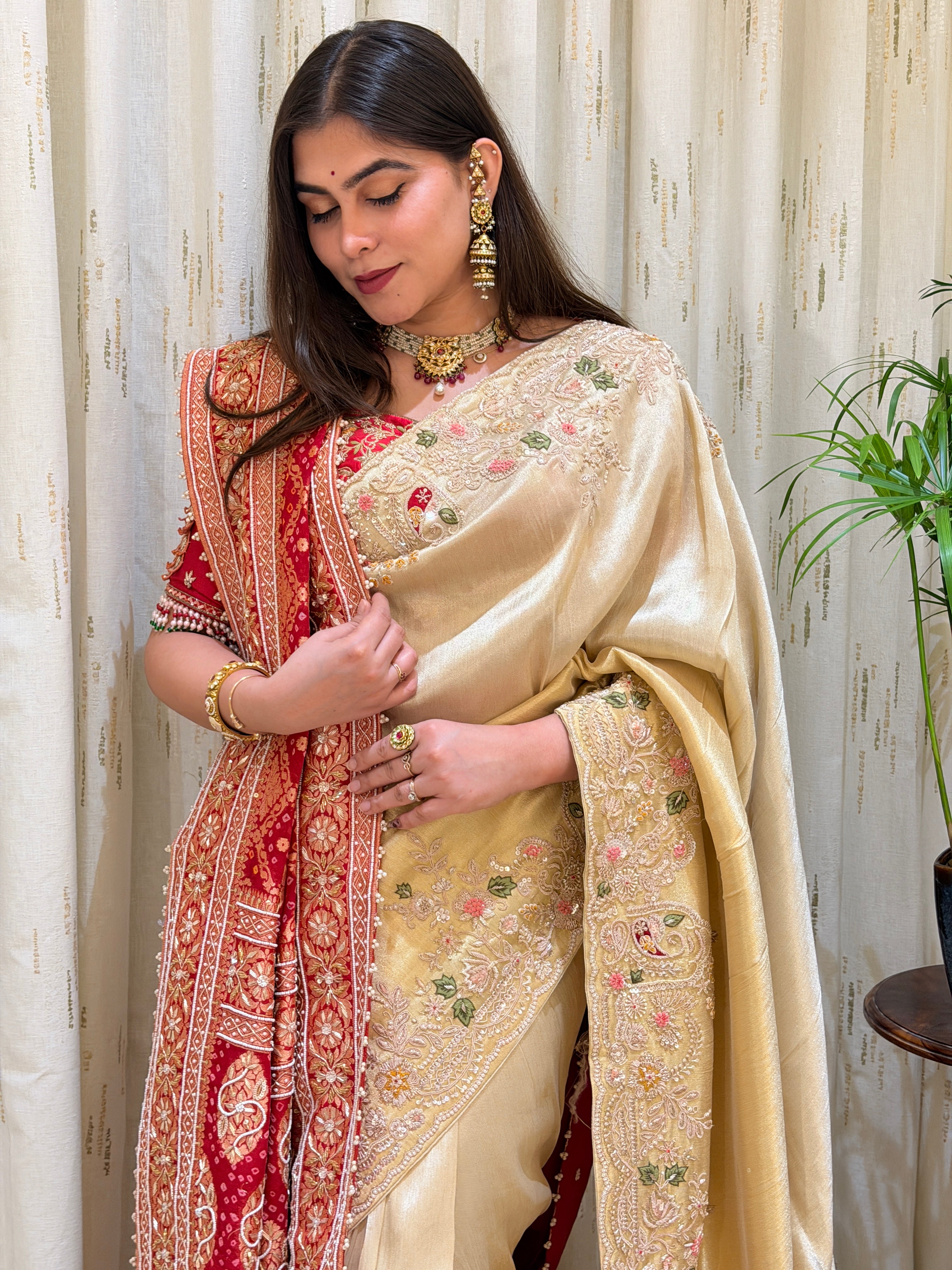Aadhya Tissue Gold Ivory Zardozi Bridal Silk Saree