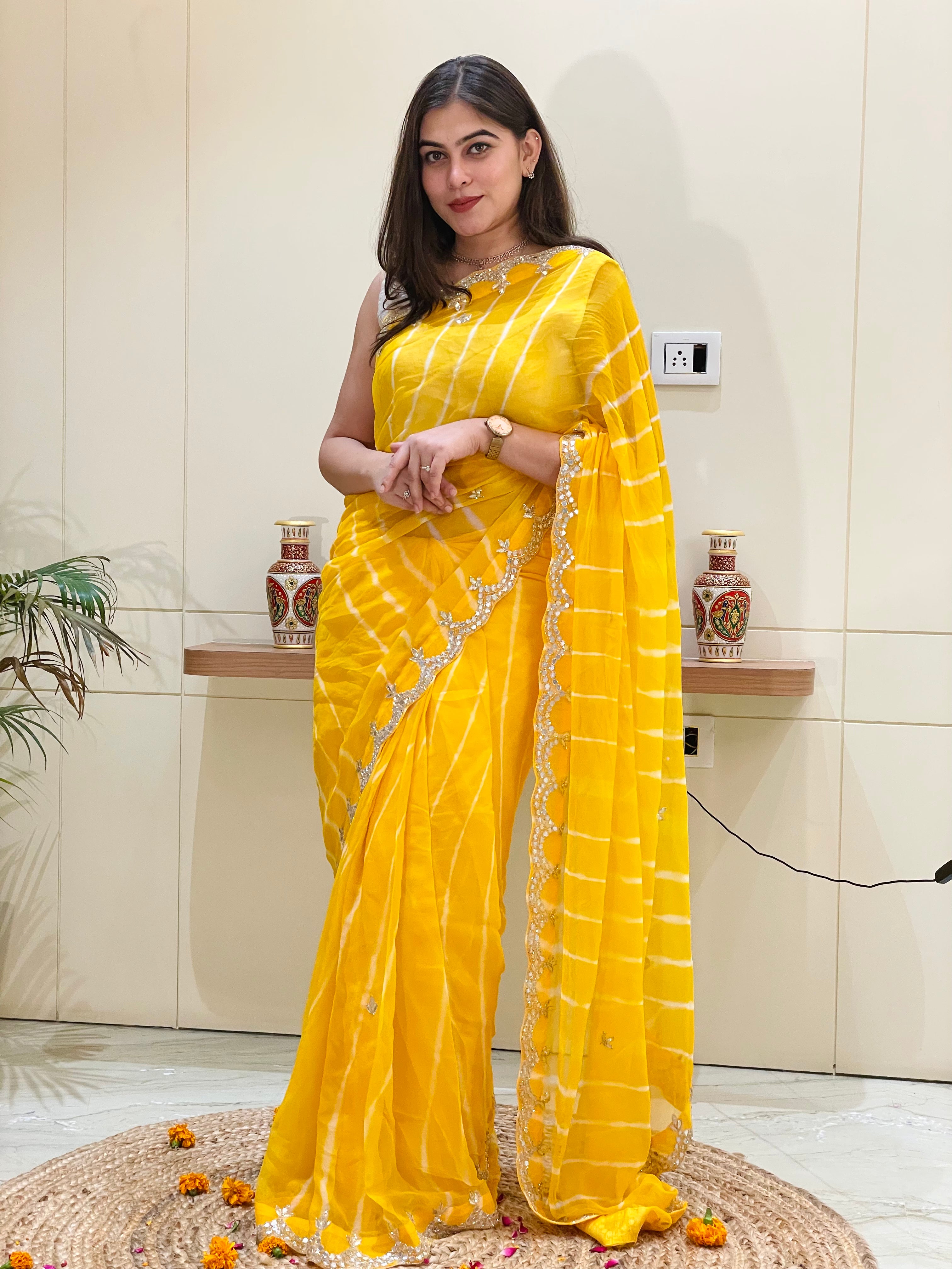 Snaya Yellow Leheriya Saree