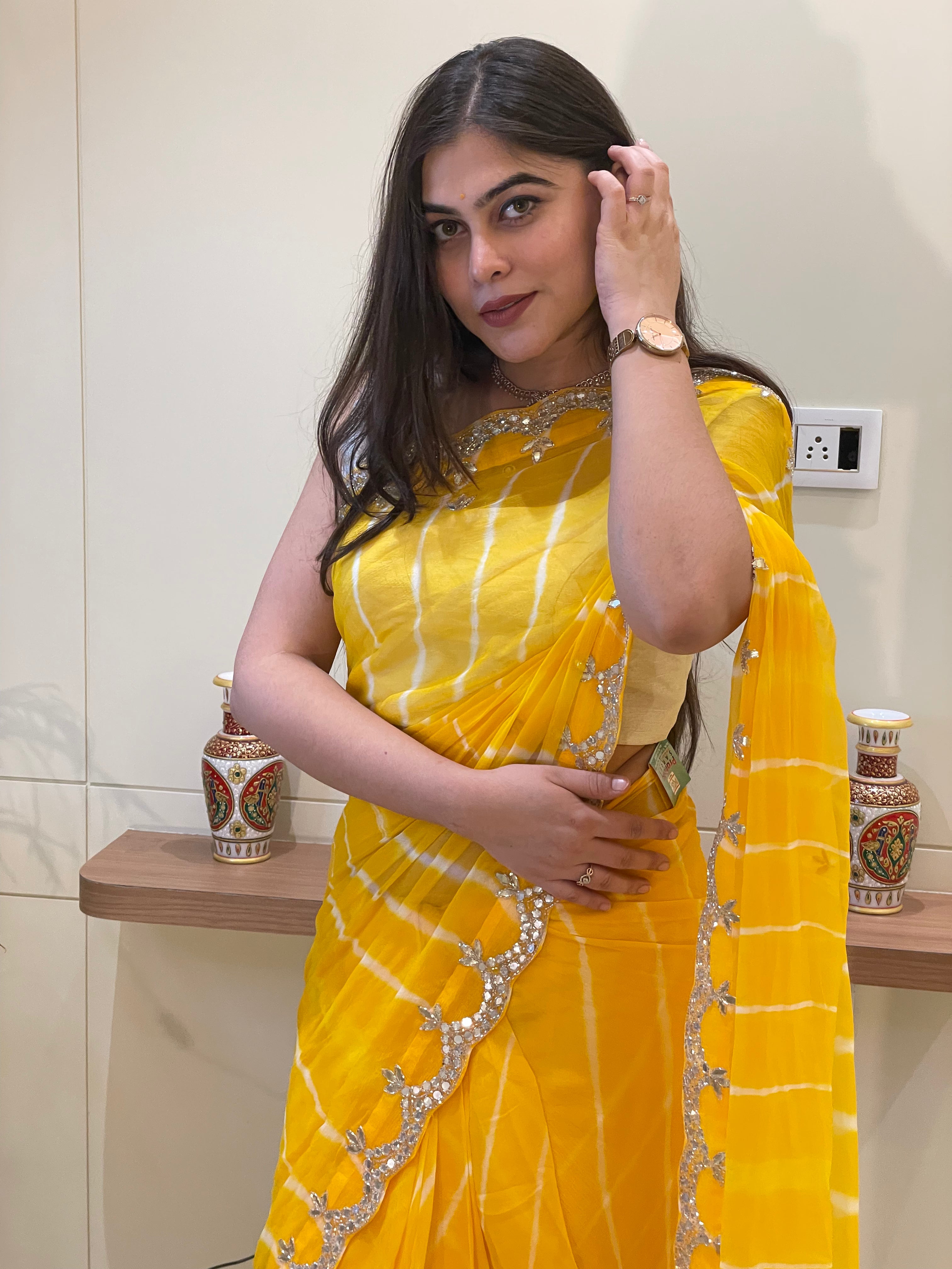 Snaya Yellow Leheriya Saree