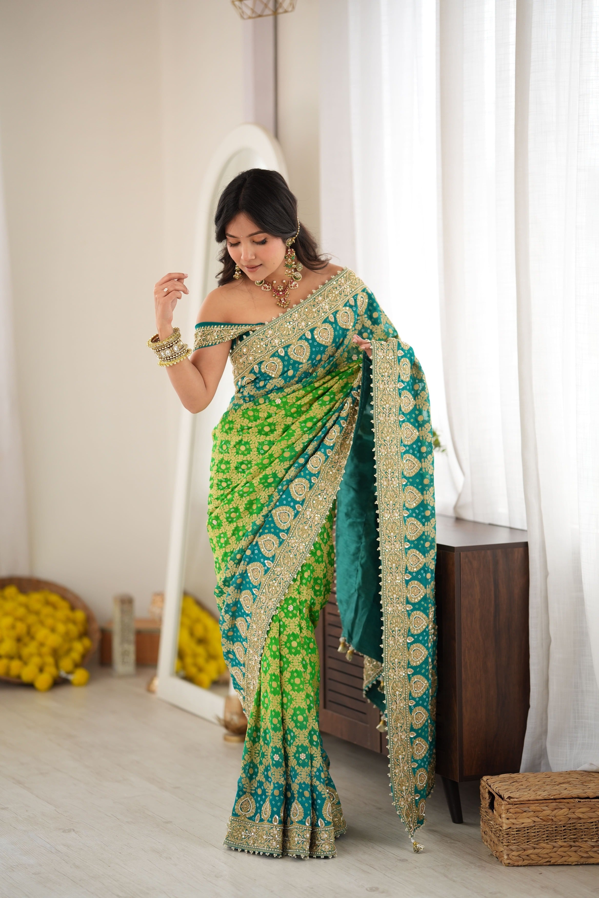 Arti Chauhan Inspired Khadi Georgette Bandhani Saree