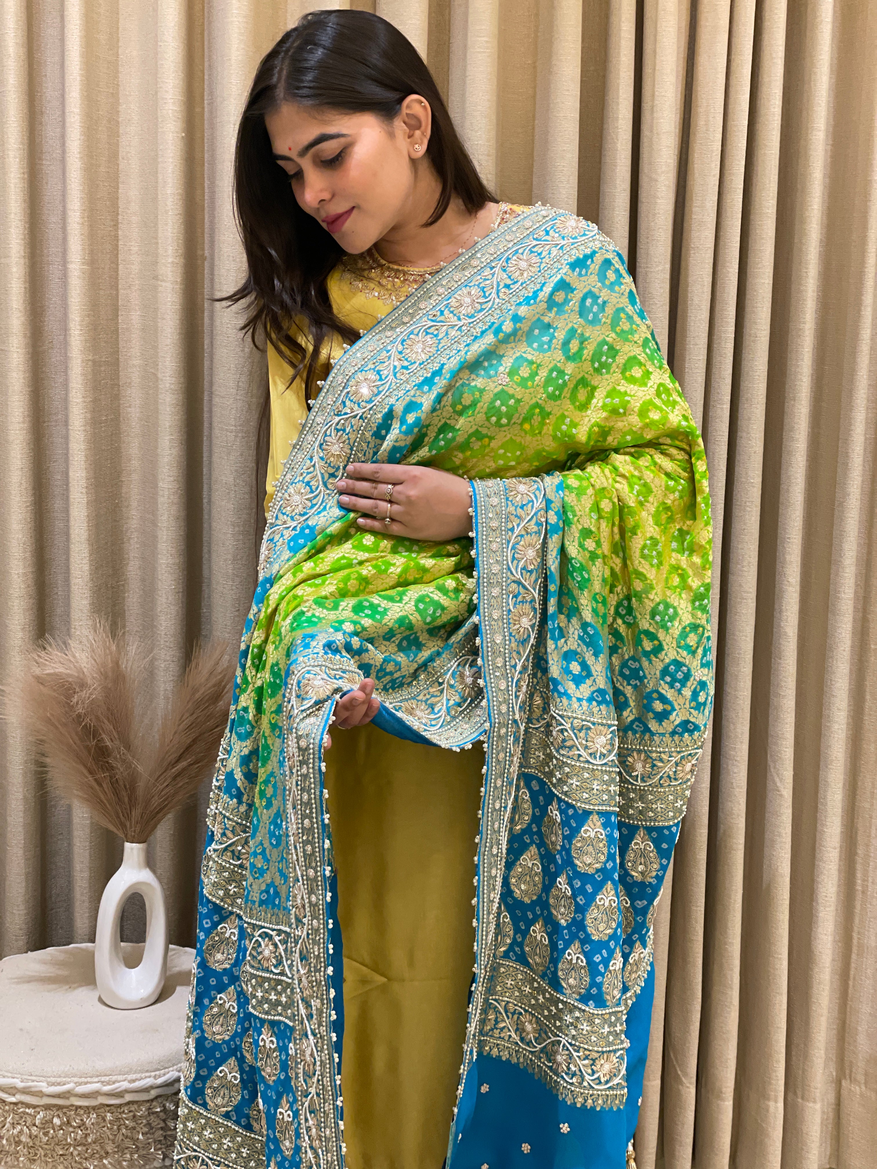 Nikku Emerald Green & Royal Blue Meenakari Zardozi Dupatta