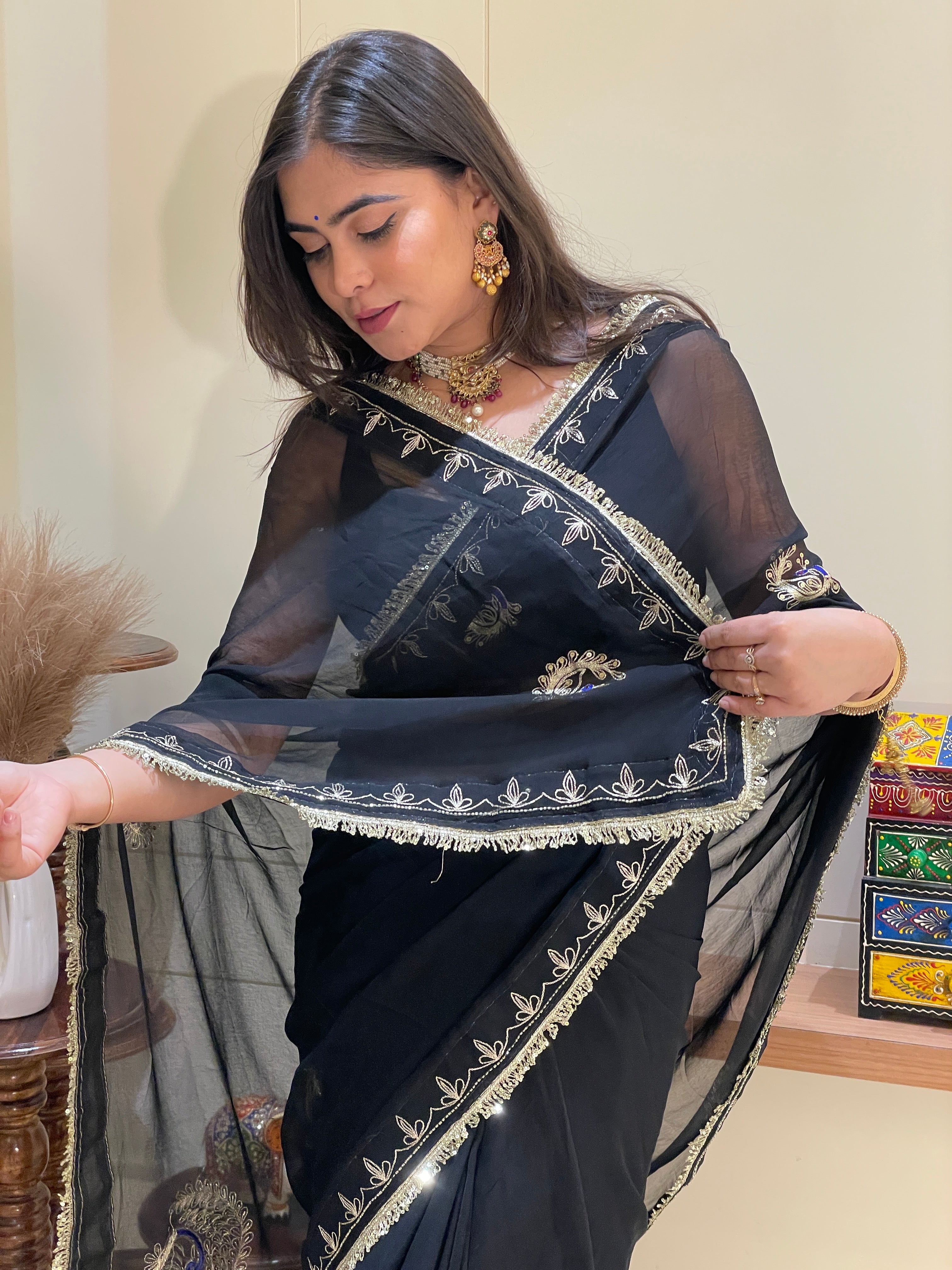 Ritu Black Aari Tari Chiffon Saree