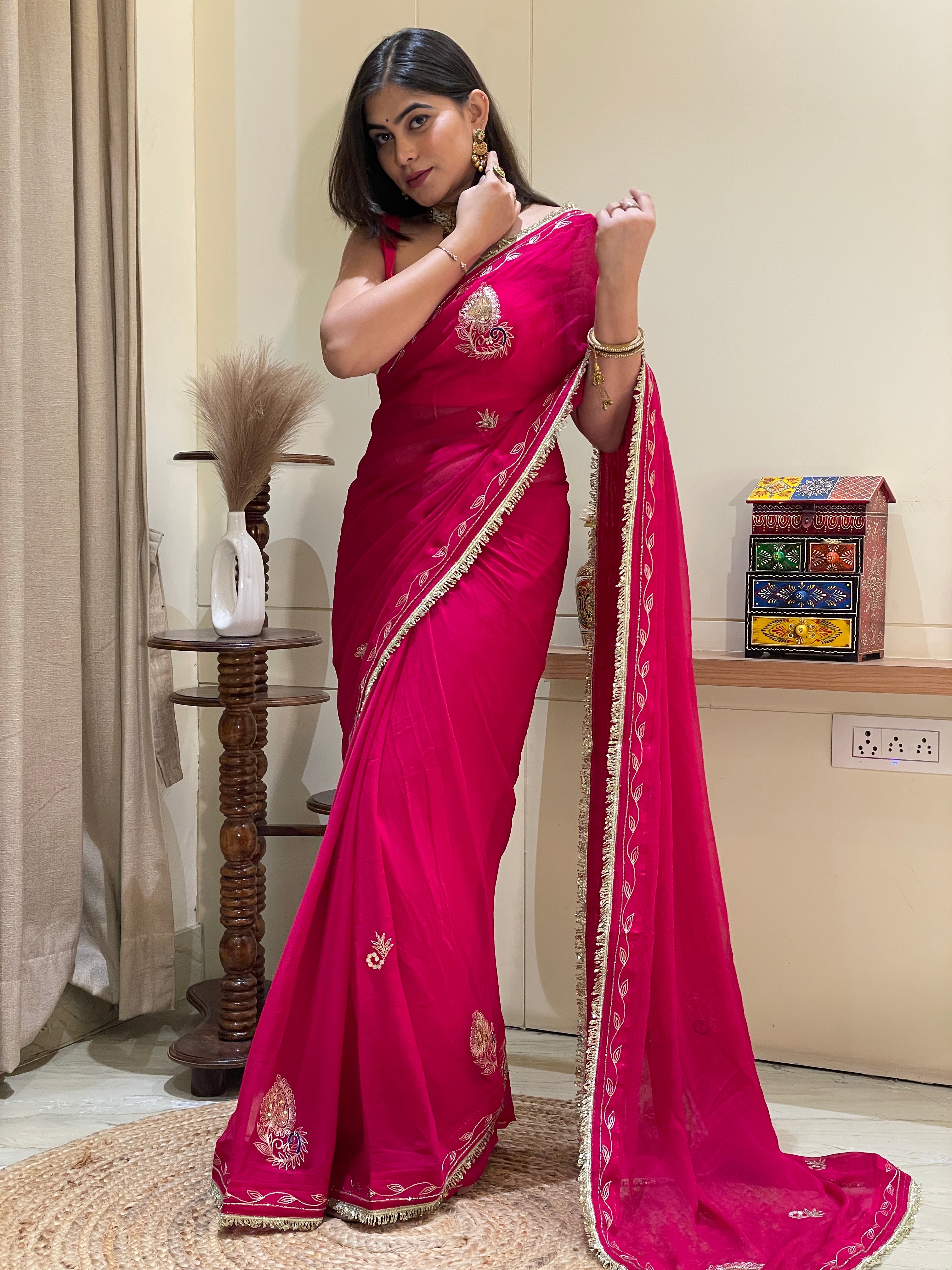 Nisha Pink Aari Tari Chiffon Saree
