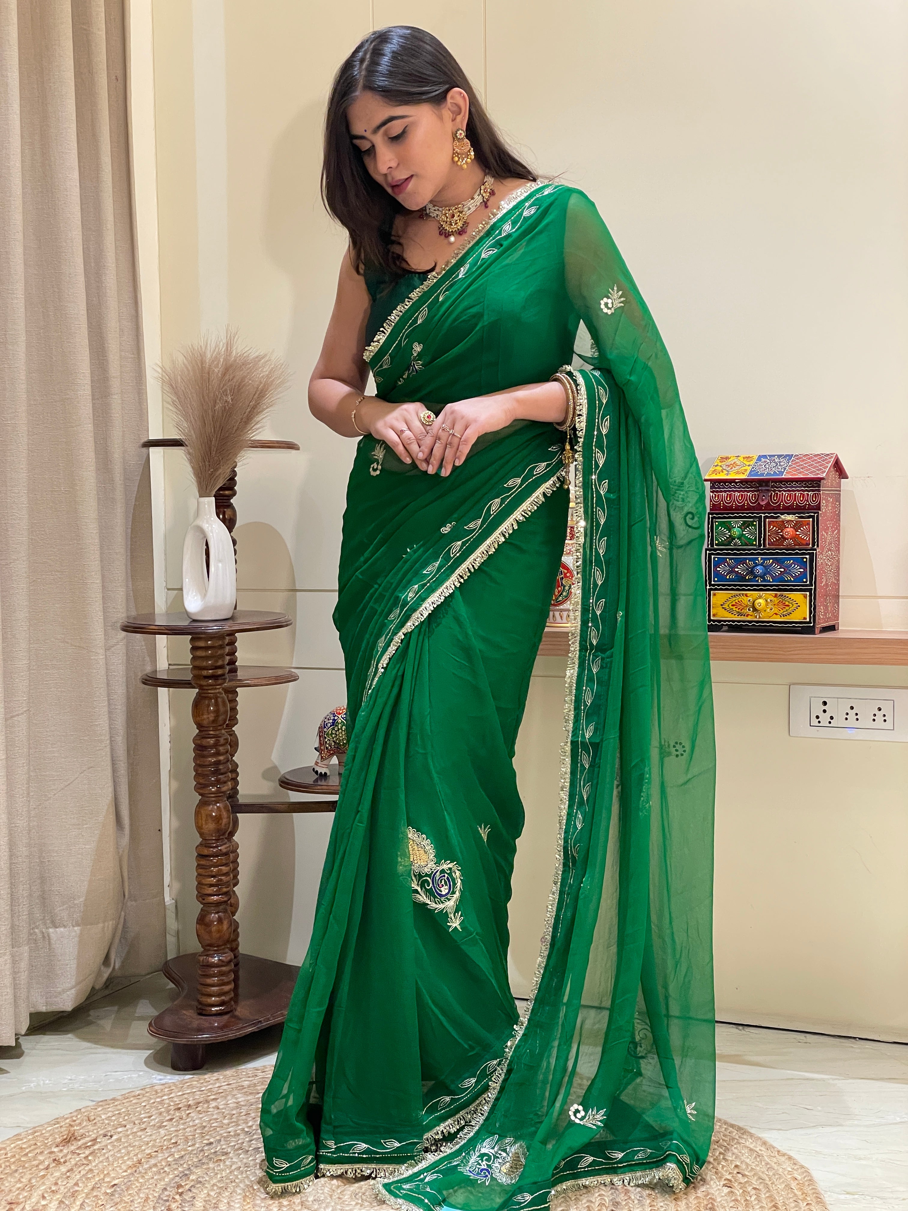 Pratibha Green Aari Tari Chiffon Saree