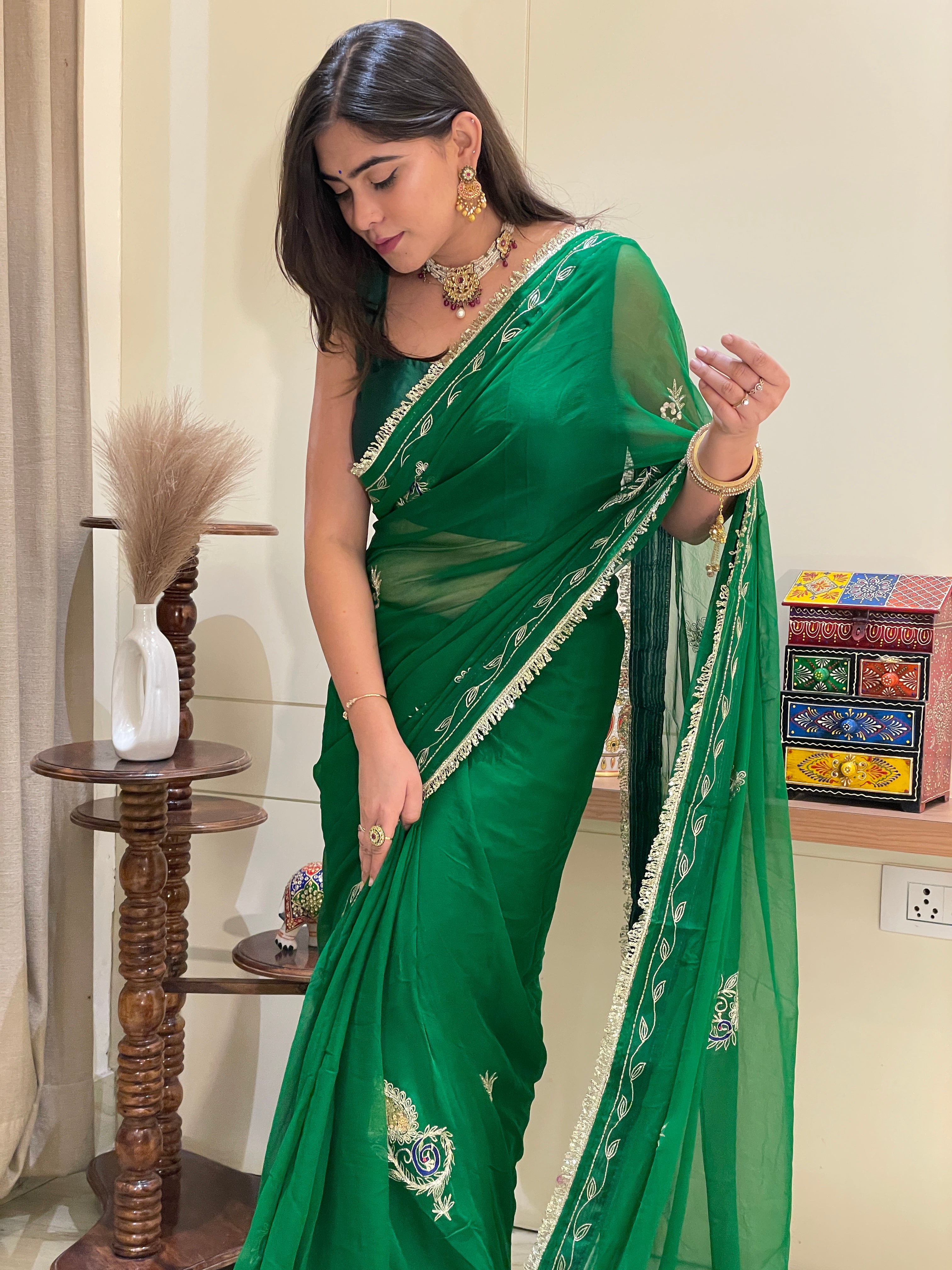 Pratibha Green Aari Tari Chiffon Saree
