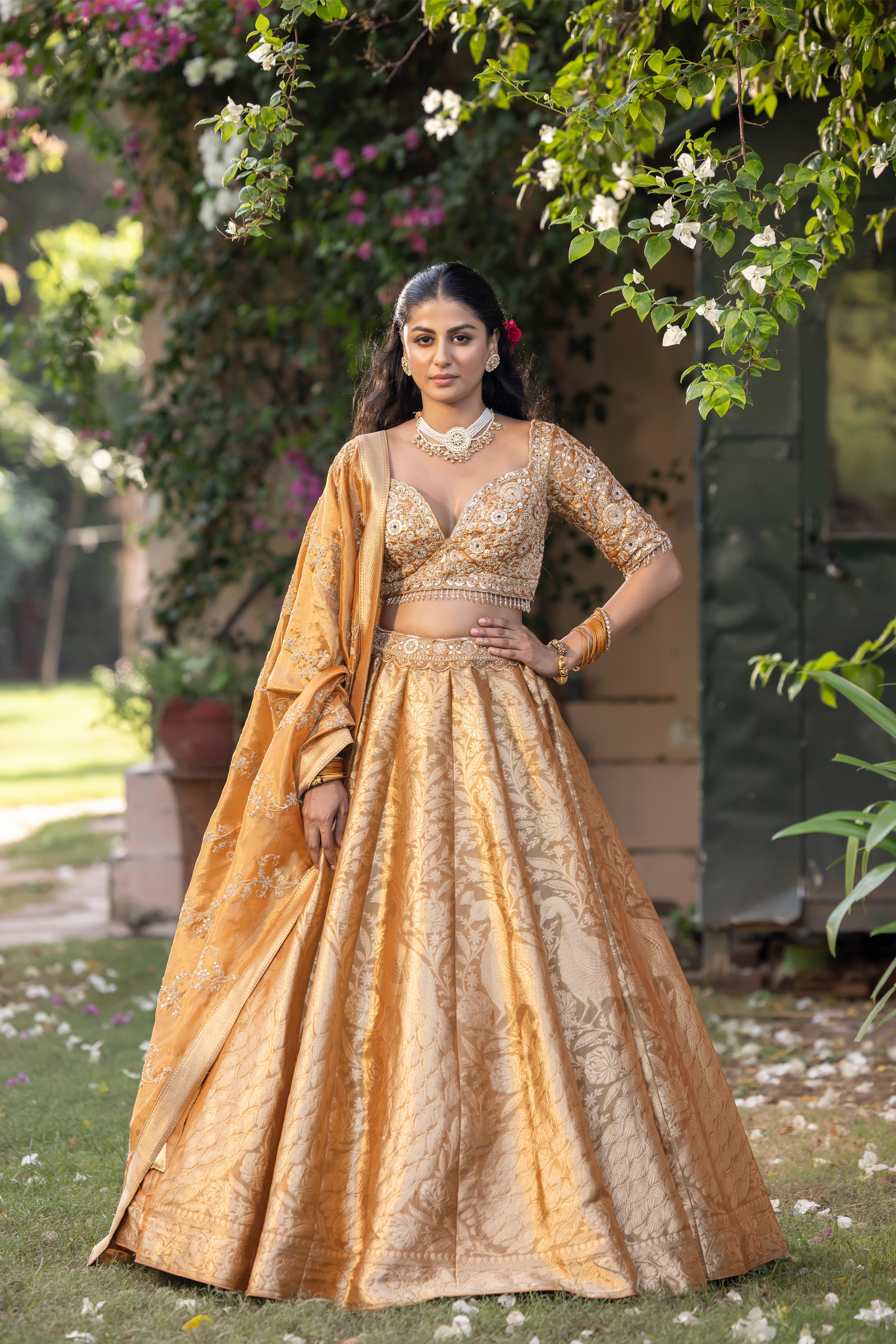 Morika Mustard Gold Banarasi Silk Lehenga