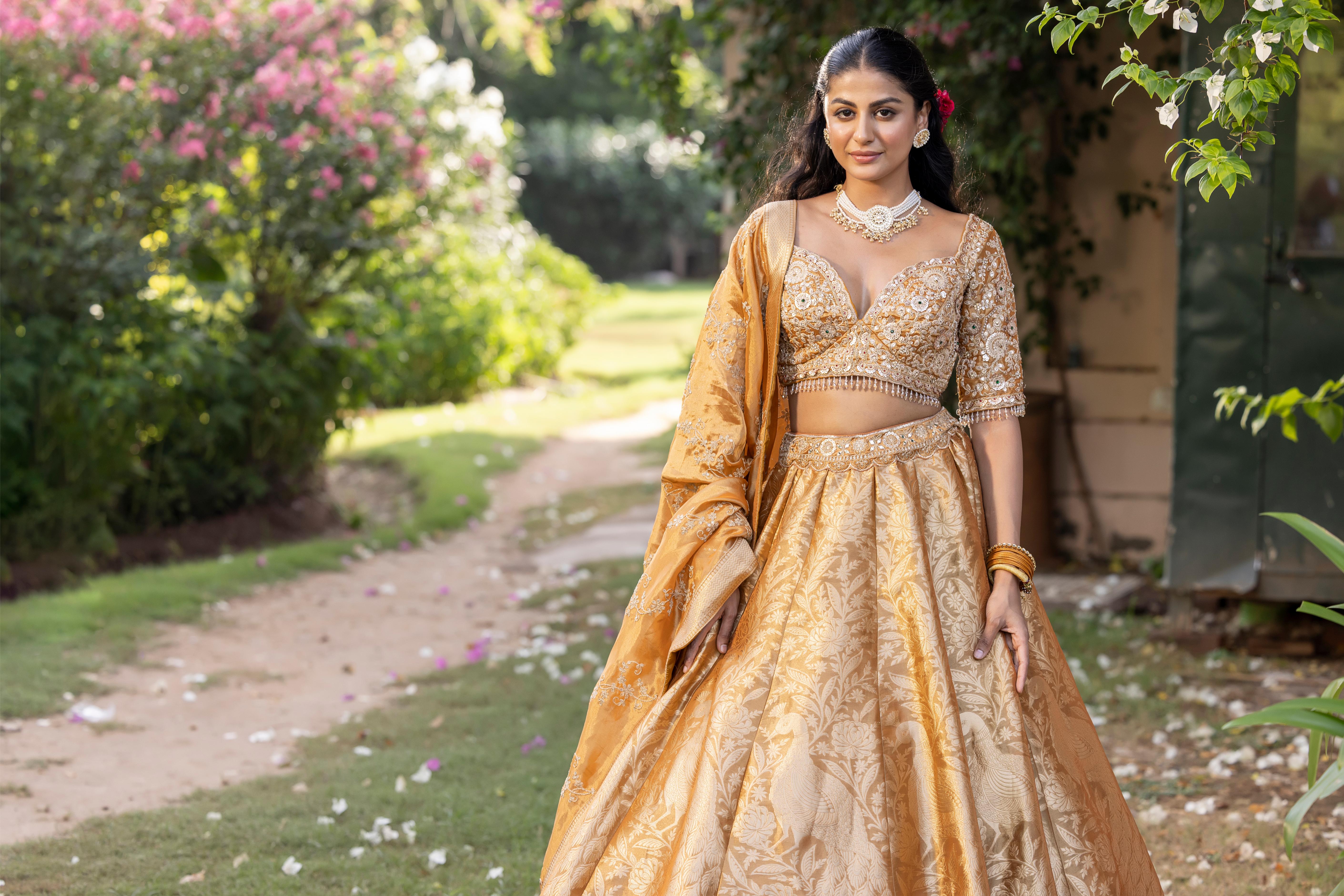Morika Mustard Gold Banarasi Silk Lehenga