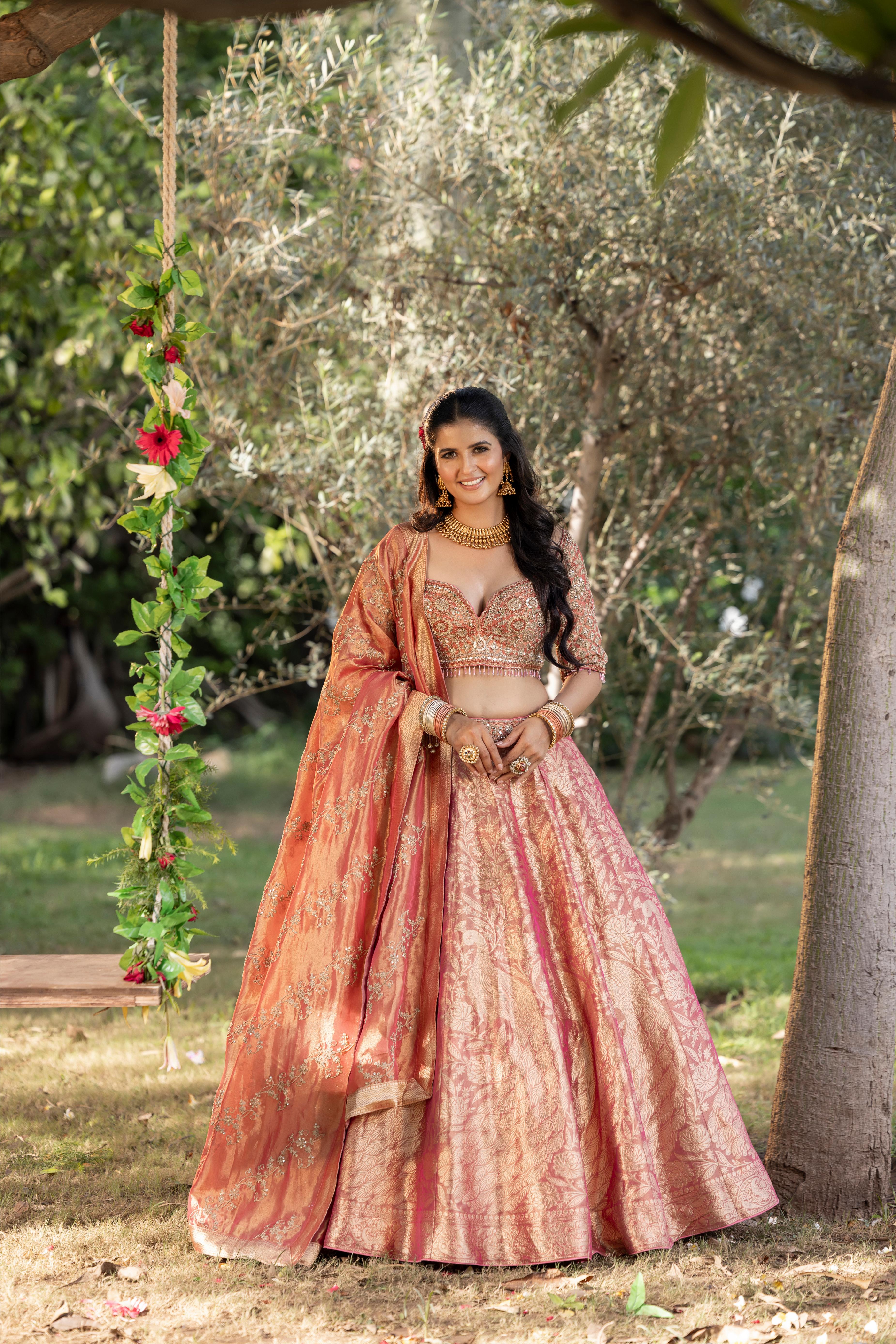 Sulekha Peach Banarasi Silk Lehenga