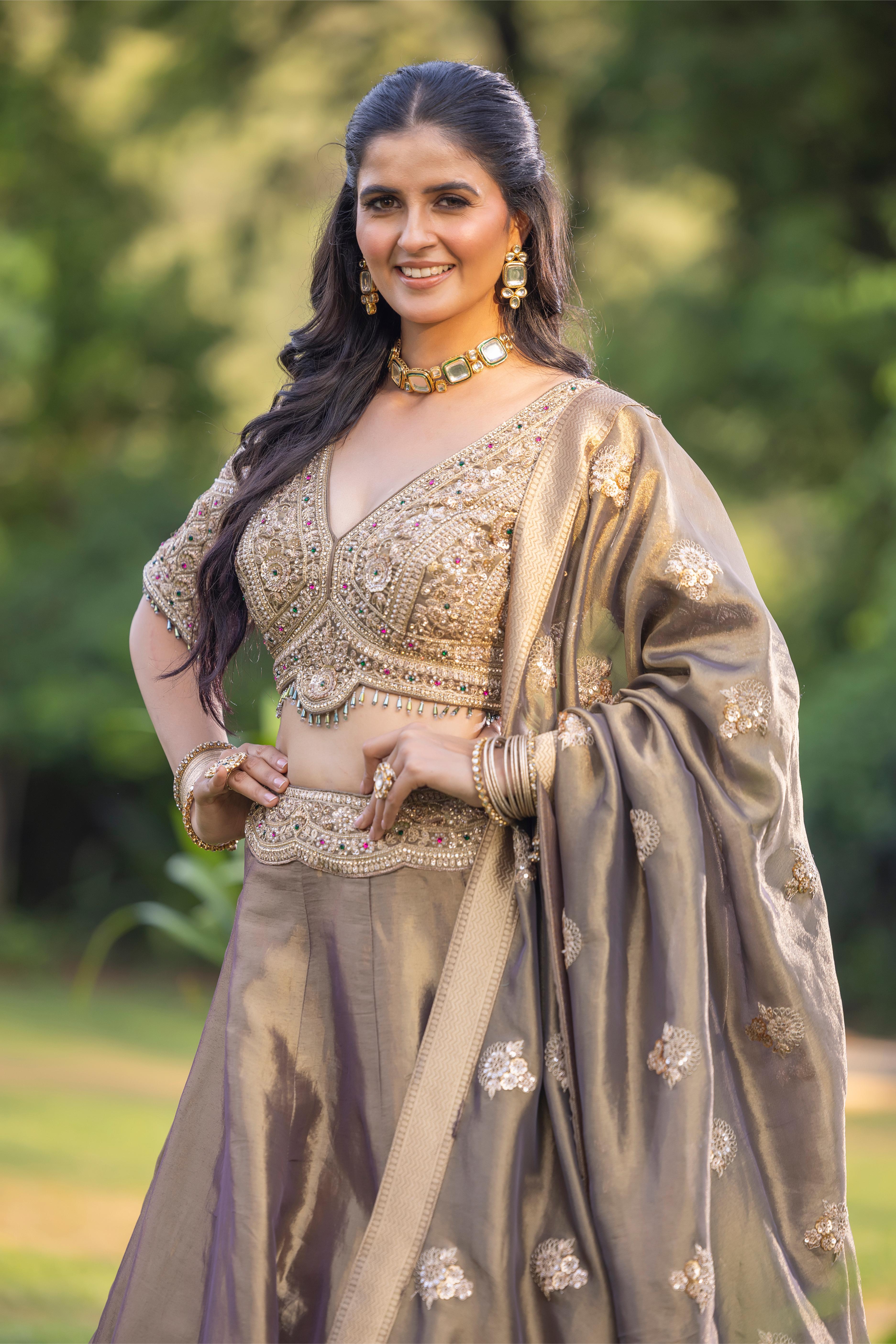 Shweta Grey Banarasi Silk Lehenga