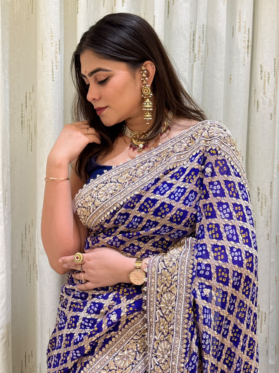 Royal Blue Bandhani Saree with Zari Border