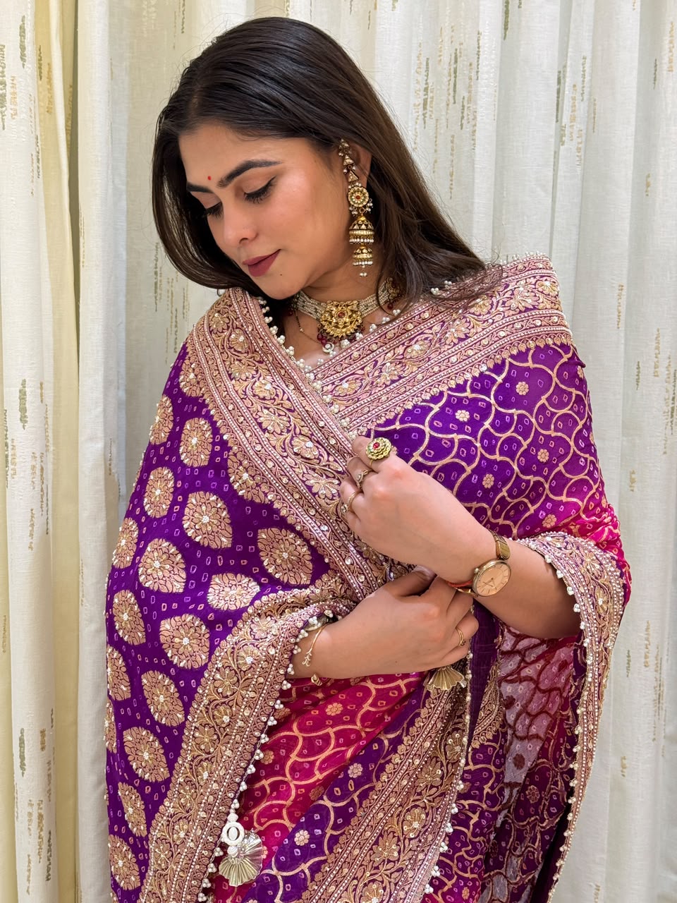 Plum & Pink Pearl-Edged Saree