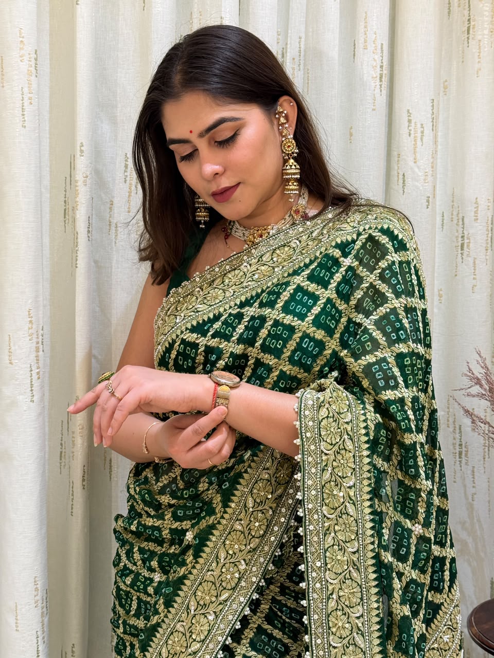 Green Pearl-Edged Saree