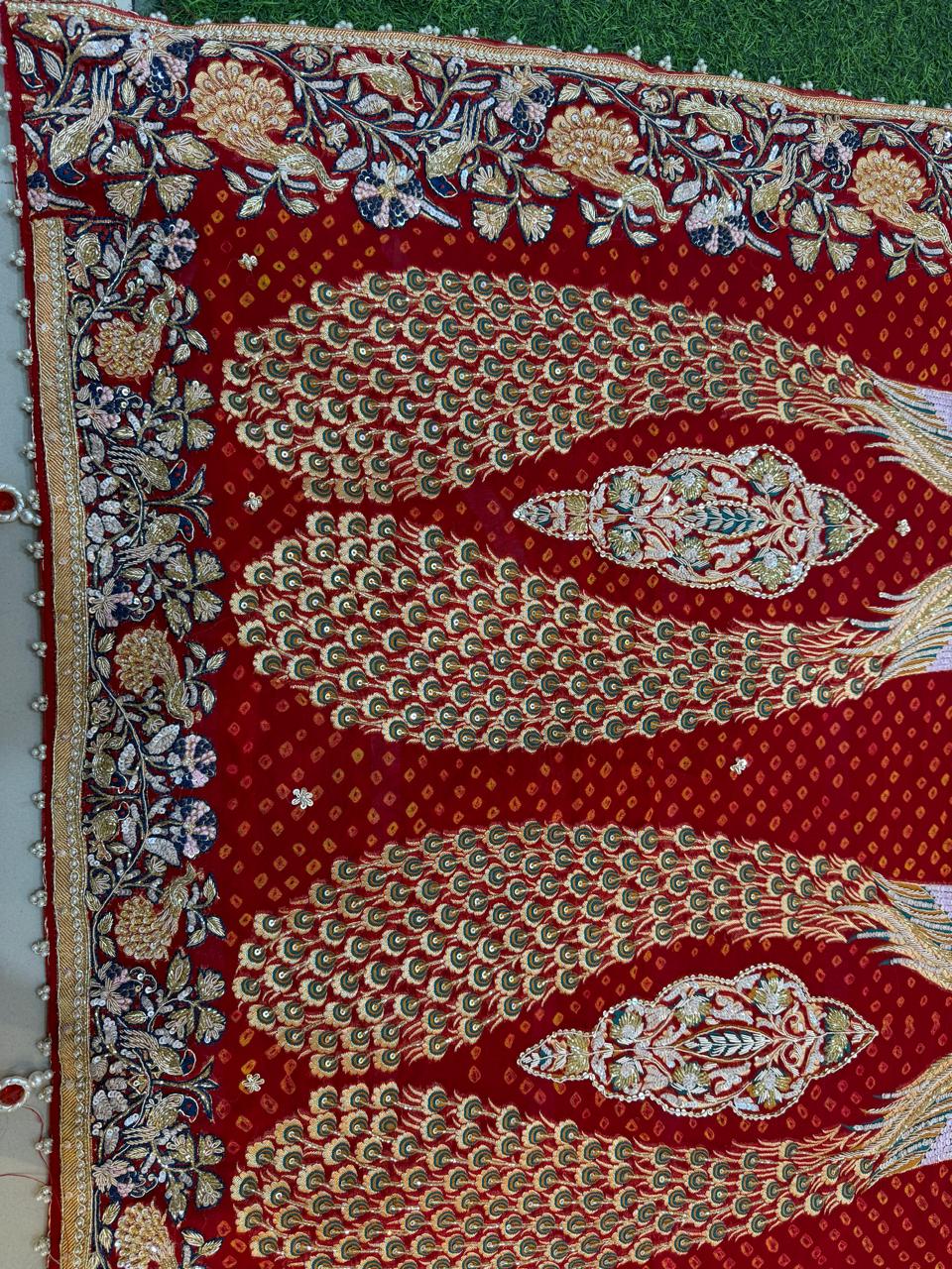 Royal Peacock Red Bandhani Zardozi Dupatta