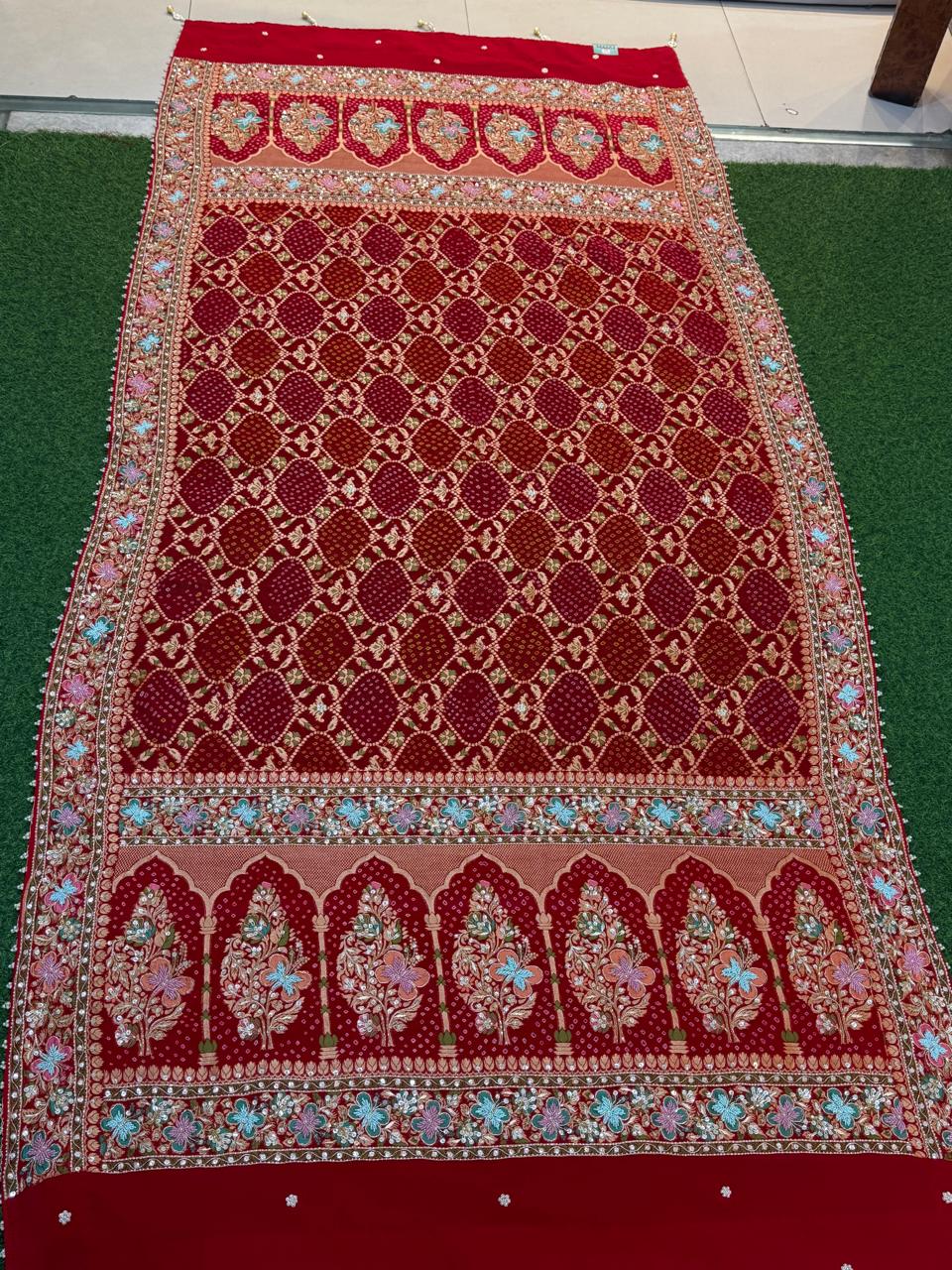 Regal Jharokha Floral Red Bandhani Zardozi Dupatta