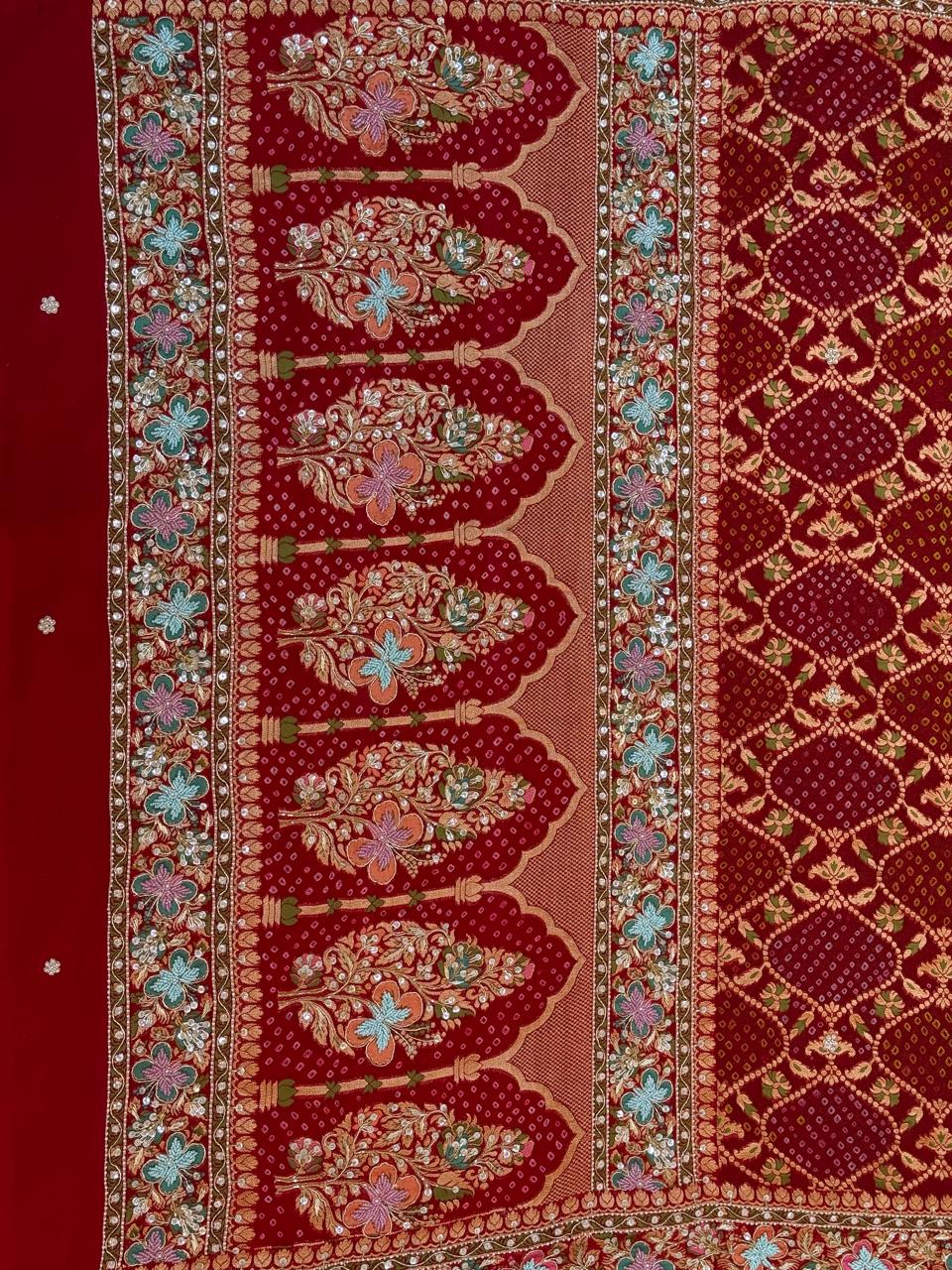 Regal Jharokha Floral Red Bandhani Zardozi Dupatta