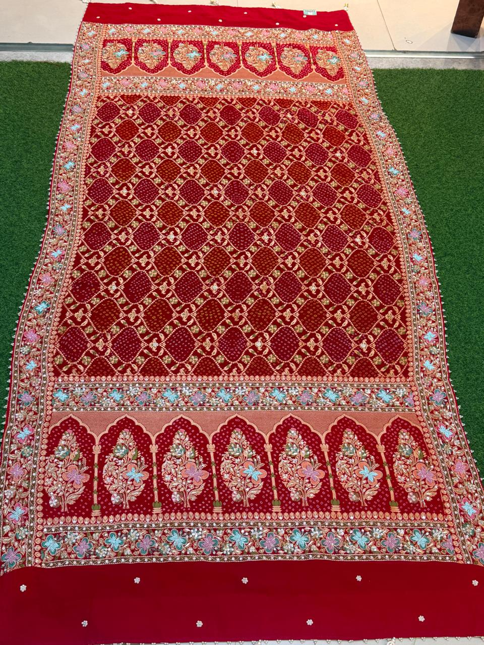 Regal Jharokha Floral Red Bandhani Zardozi Dupatta