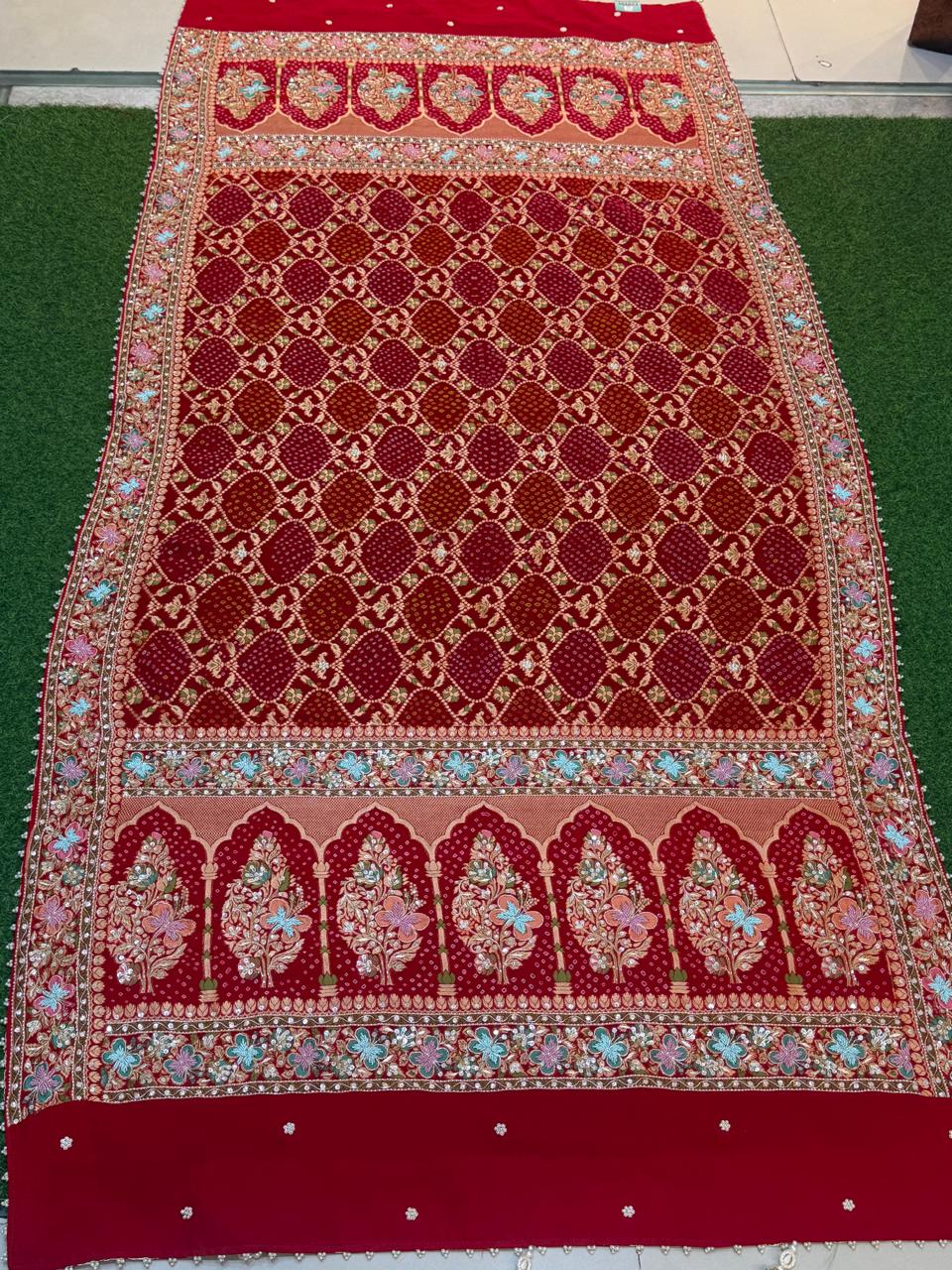 Regal Jharokha Floral Red Bandhani Zardozi Dupatta