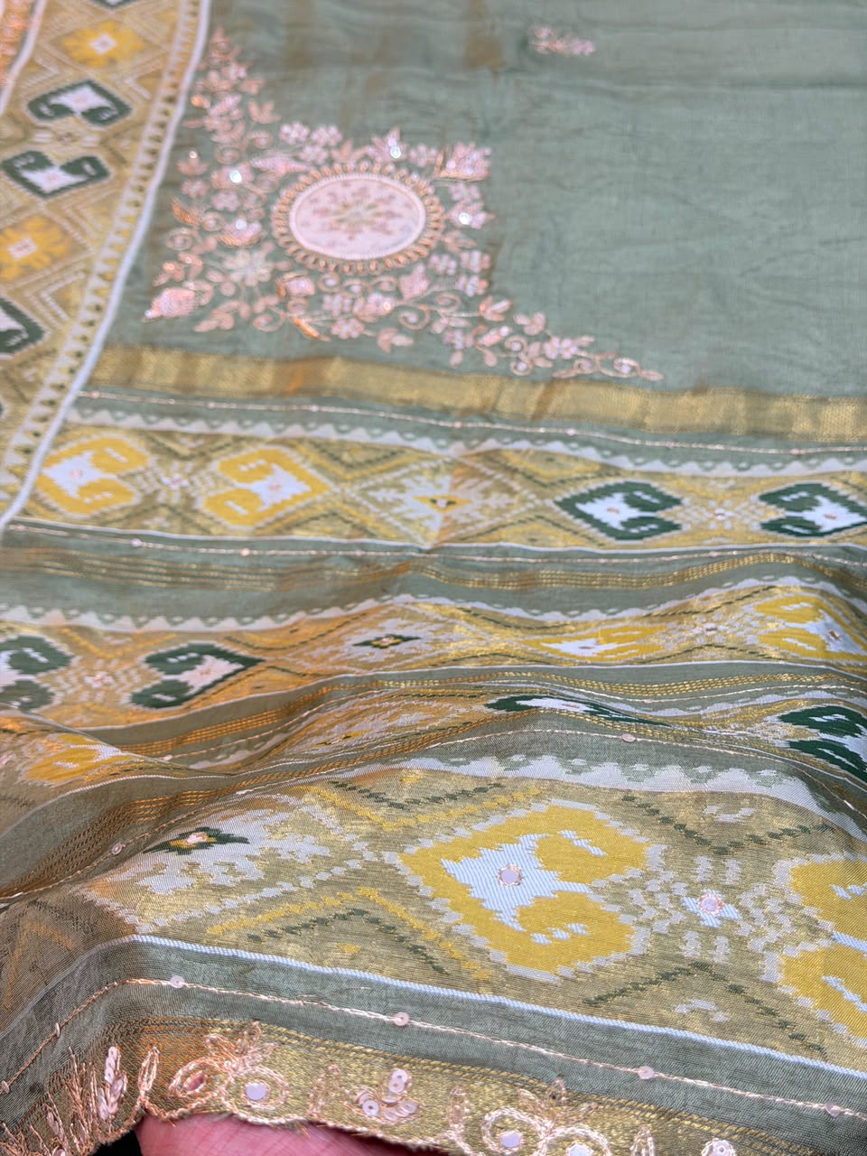 Nikita Sage Green Semi Ikkat Patola Saree