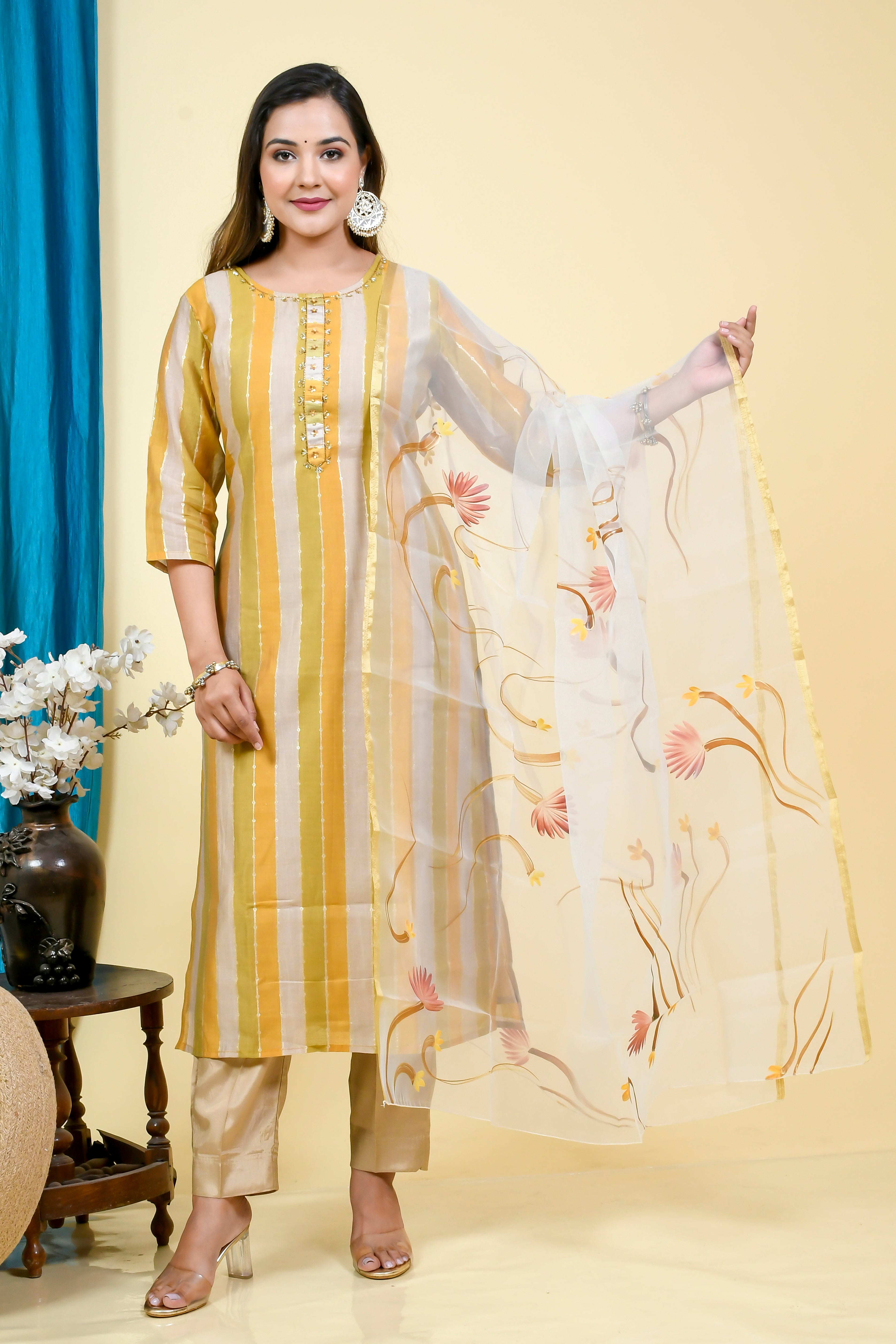 Yellow Striped Kurta Set