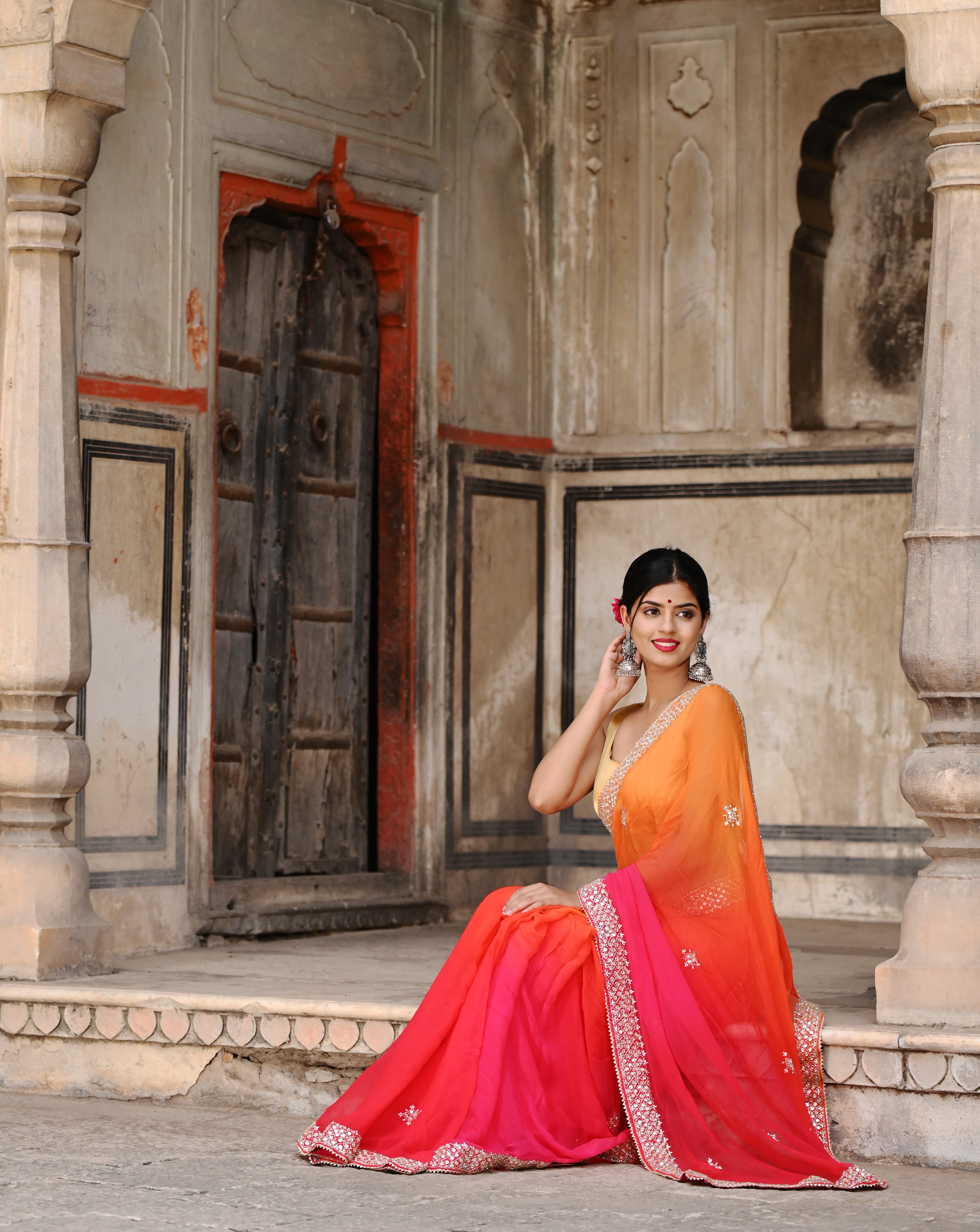 Orange Multishaded Beauty Pageant Chiffon Saree