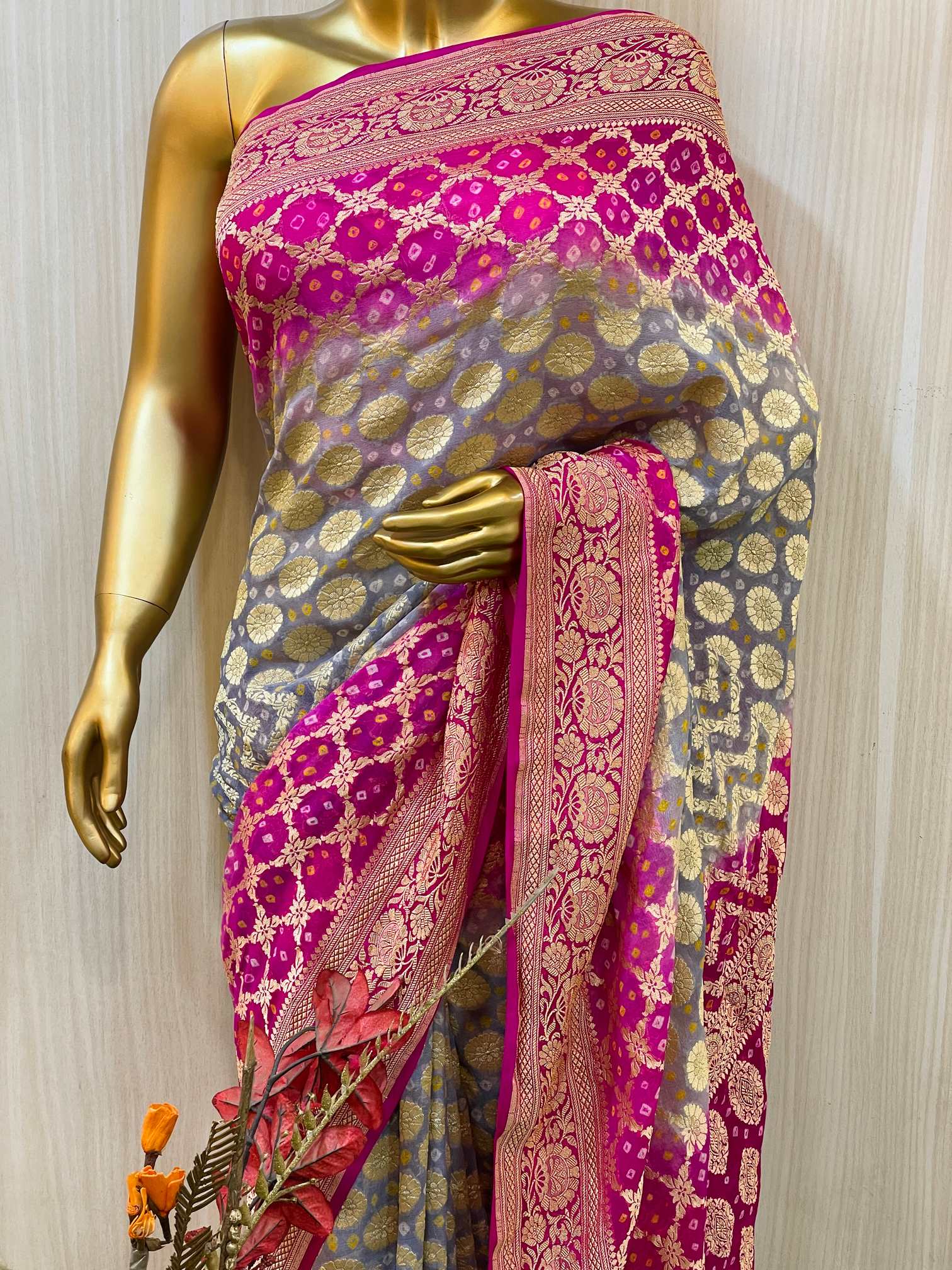 Anaya Pink and Grey Bandhani Saree