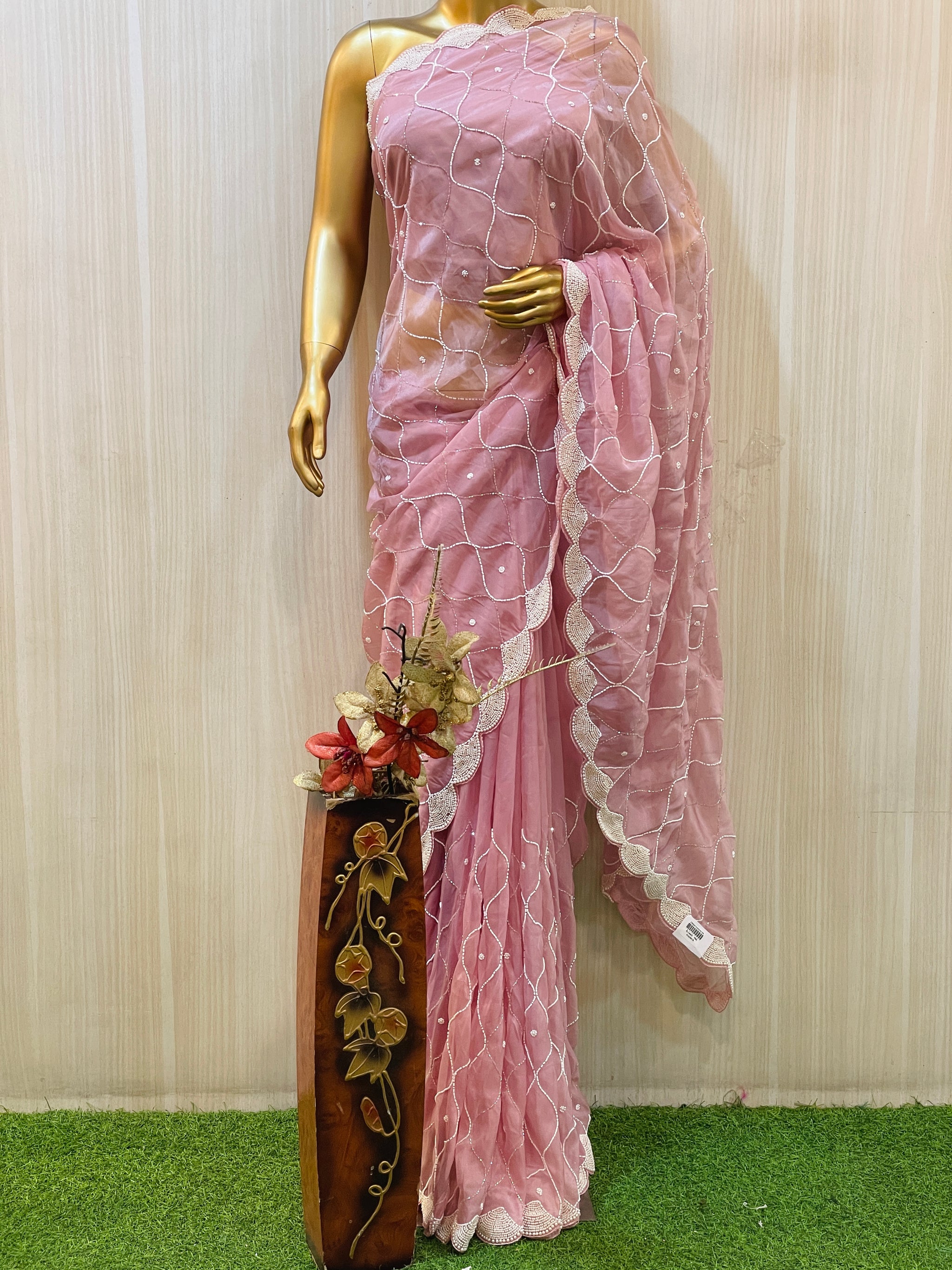 ROSE PINK ORGANZA TISSUE SAREE