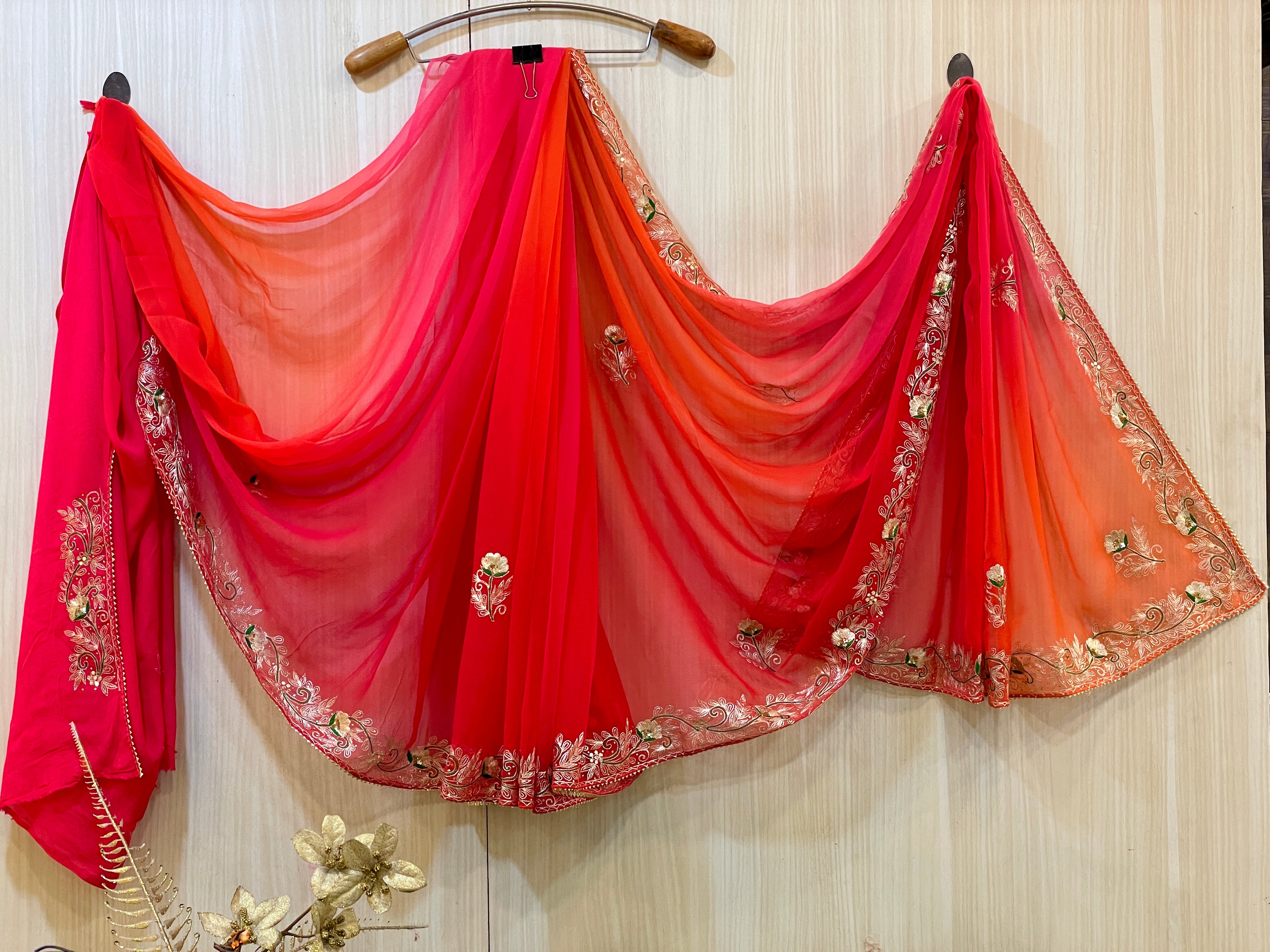 Purvi Red and Orange Chiffon Saree