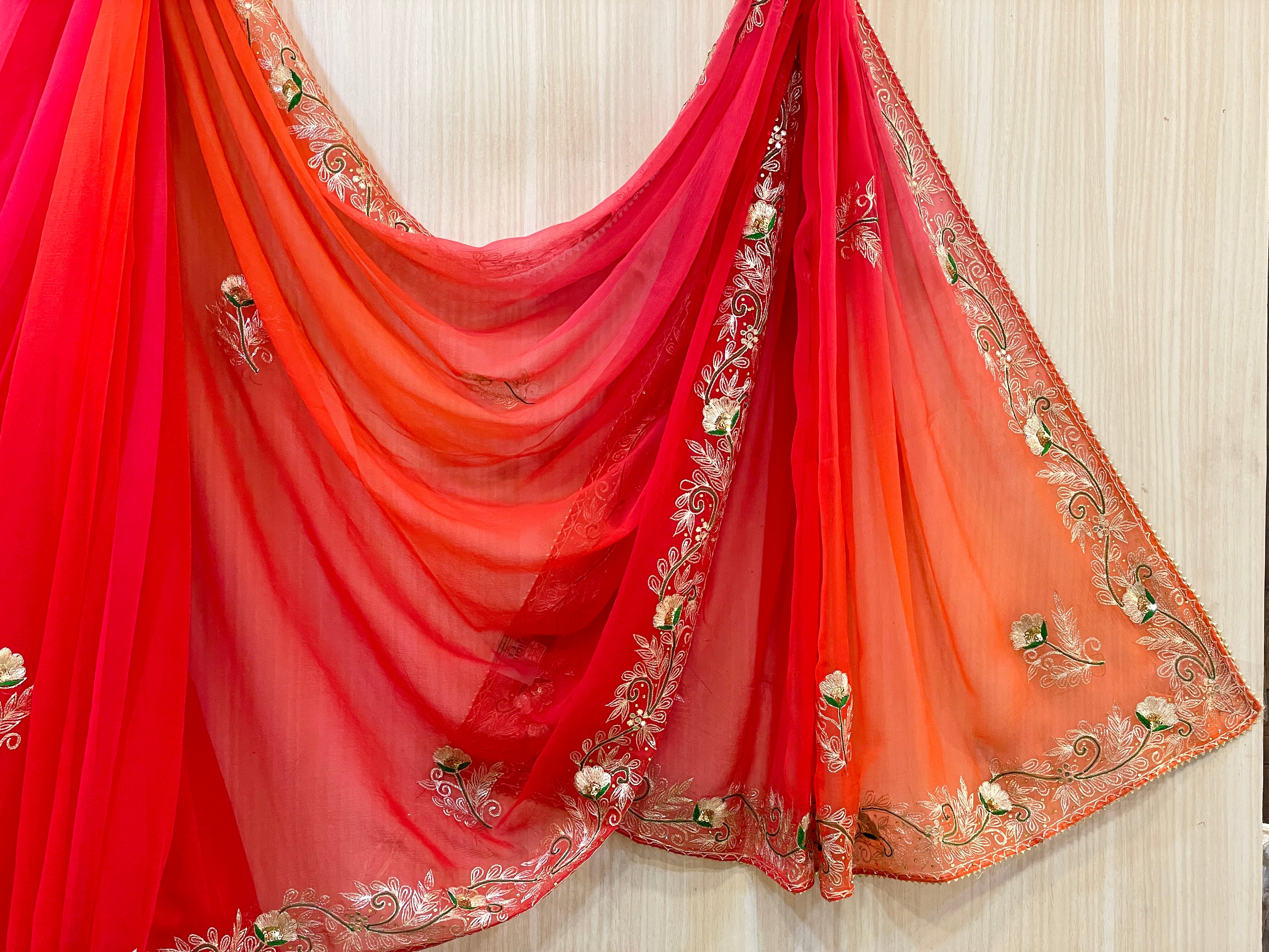 Purvi Red and Orange Chiffon Saree