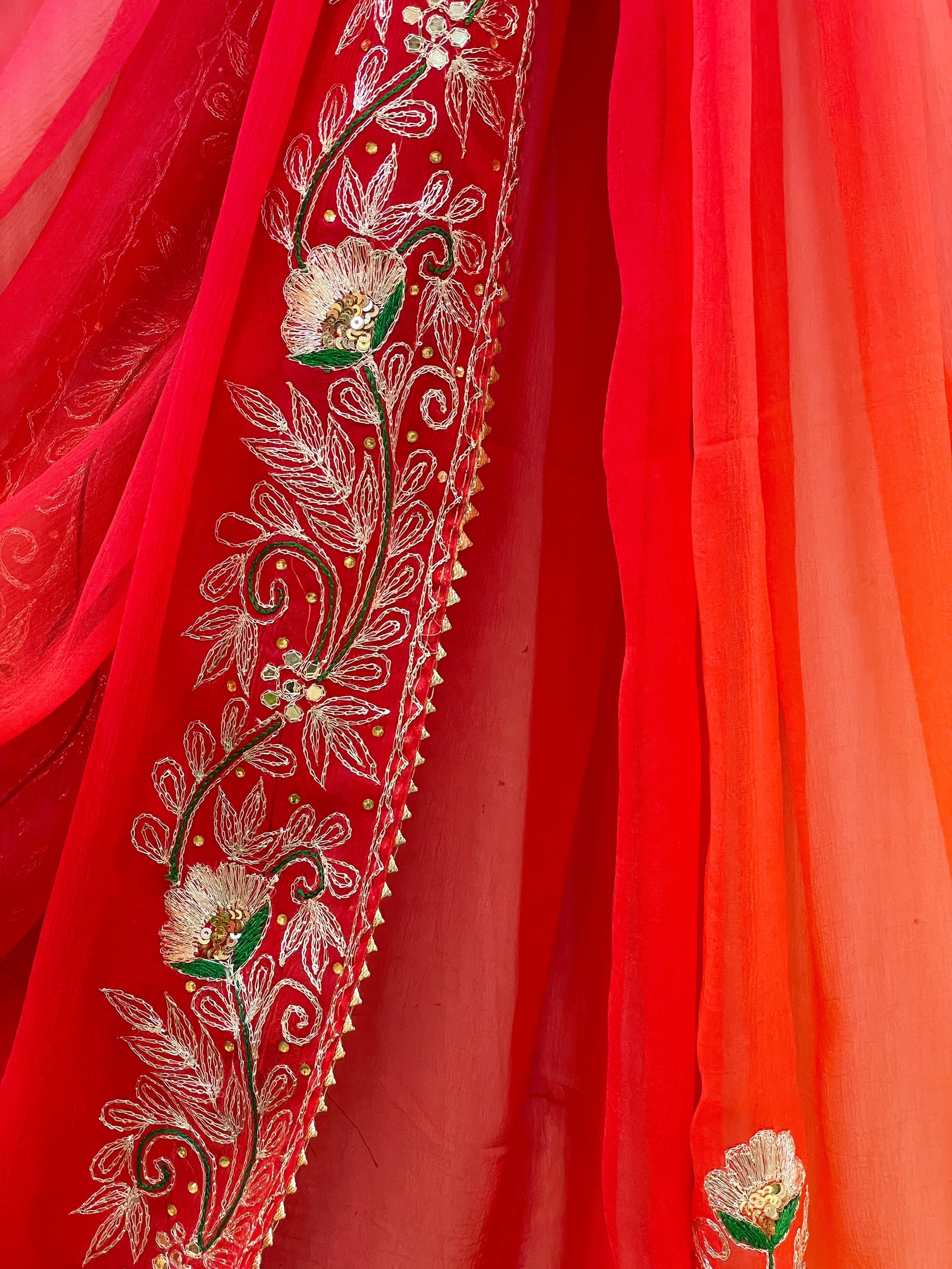 Purvi Red and Orange Chiffon Saree