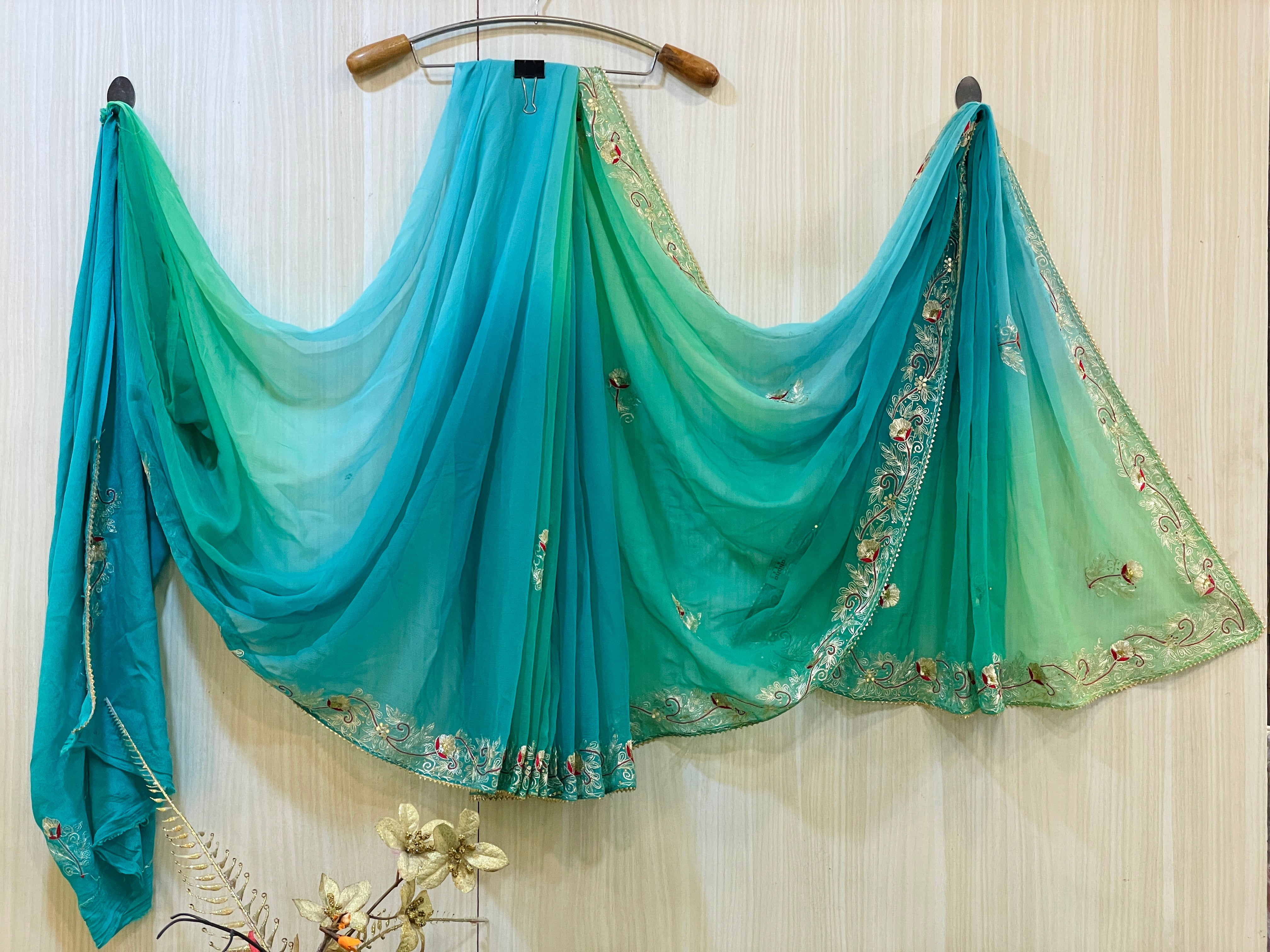Purvi Blue and Green Chiffon Saree