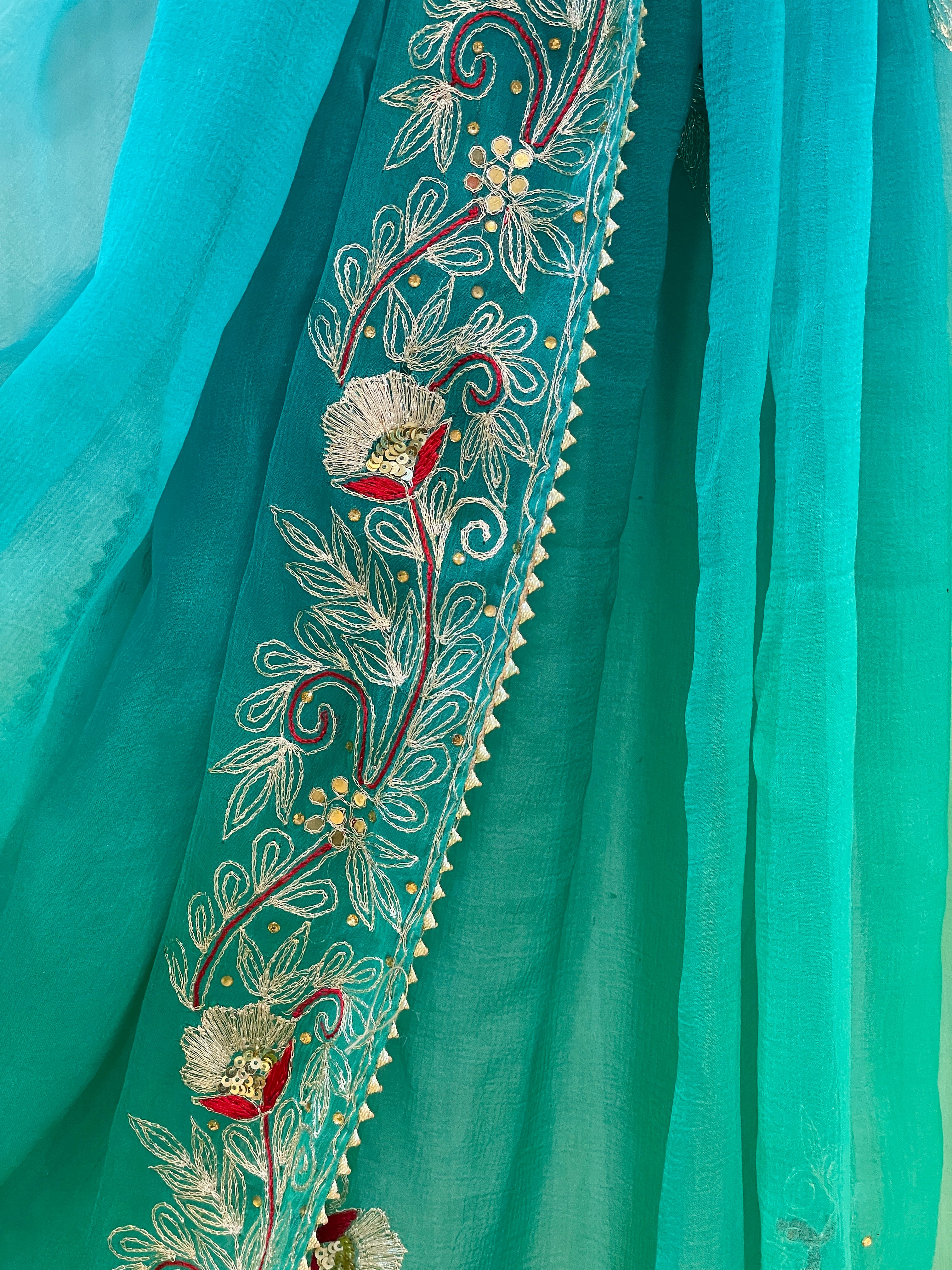Purvi Blue and Green Chiffon Saree