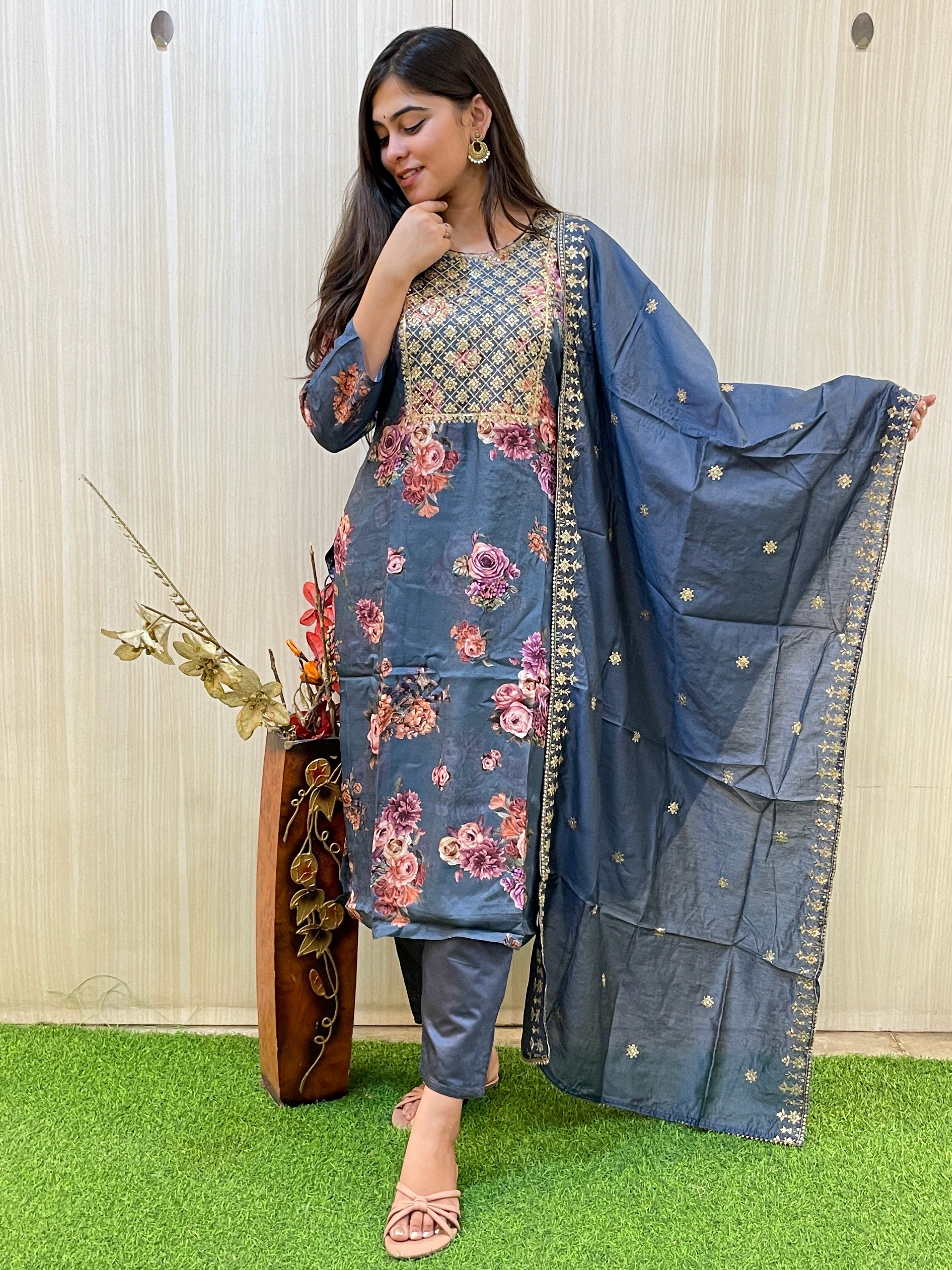 Teel Blue Floral Printed Kurta Set