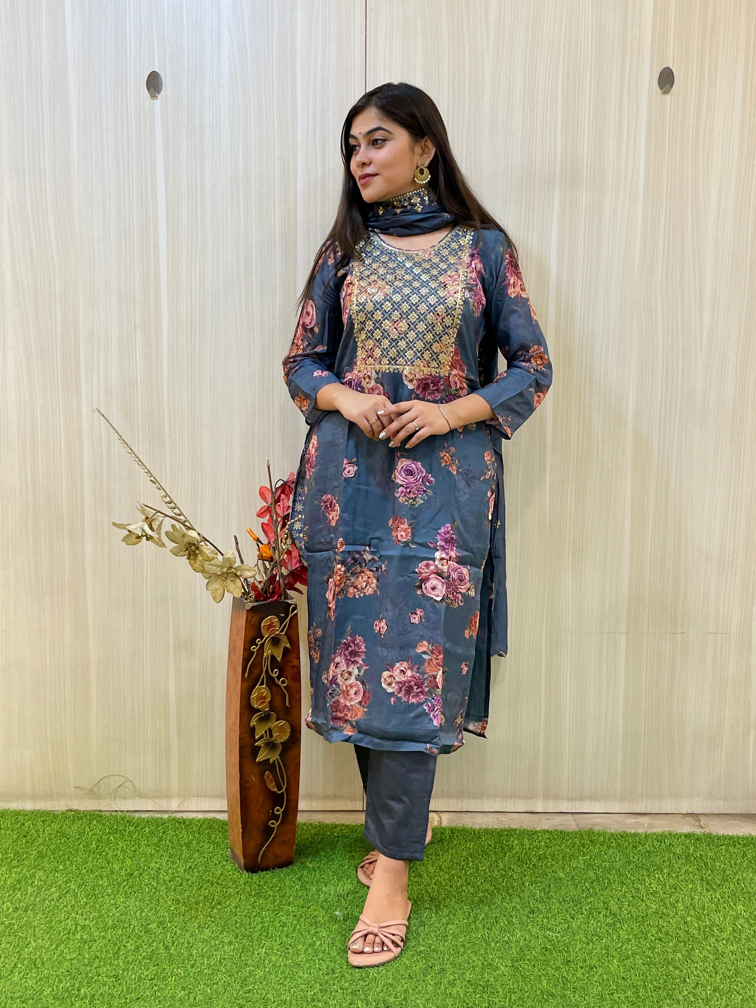 Teel Blue Floral Printed Kurta Set