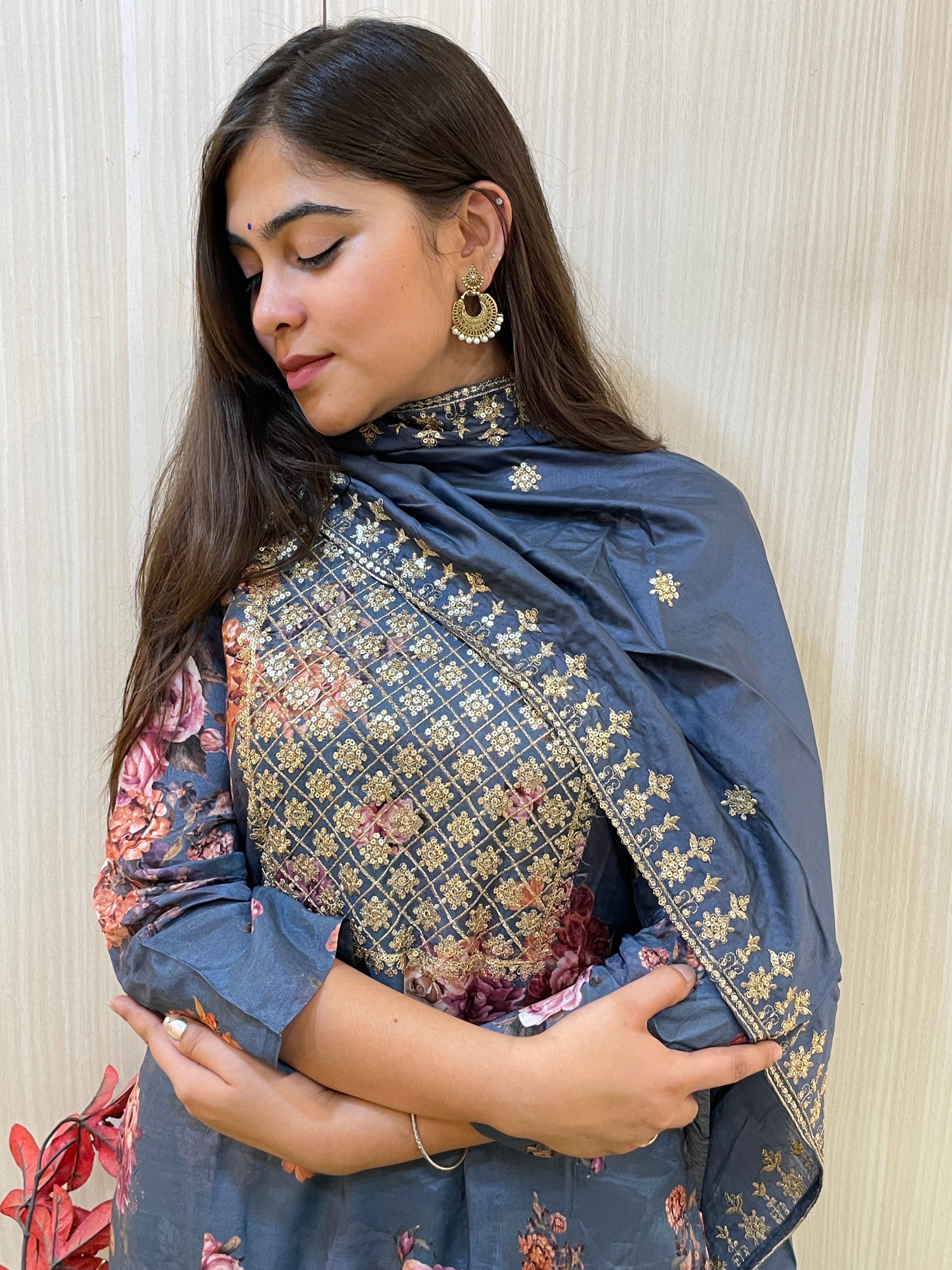 Teel Blue Floral Printed Kurta Set