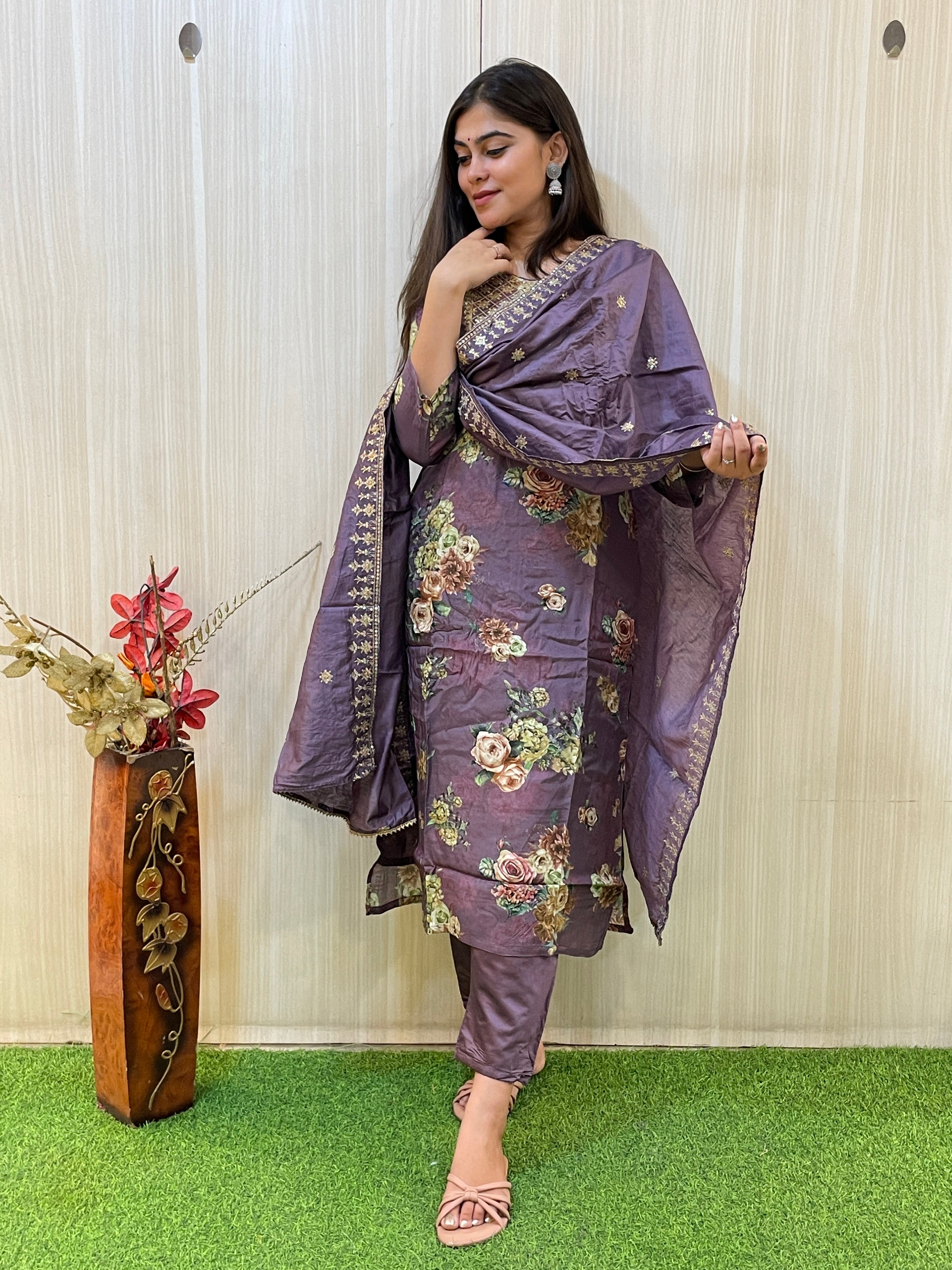 Purple Floral Printed Kurta Set
