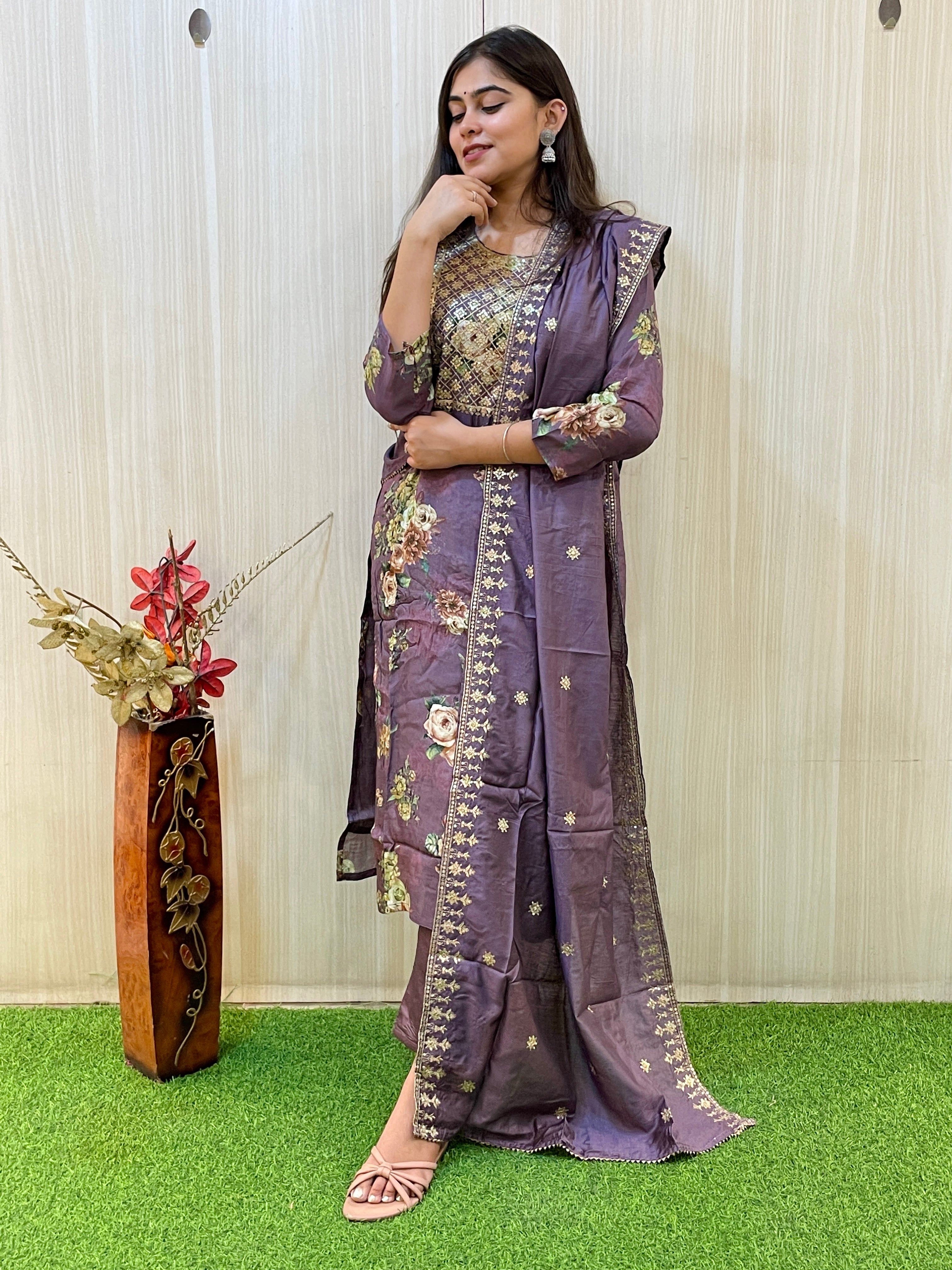 Purple Floral Printed Kurta Set