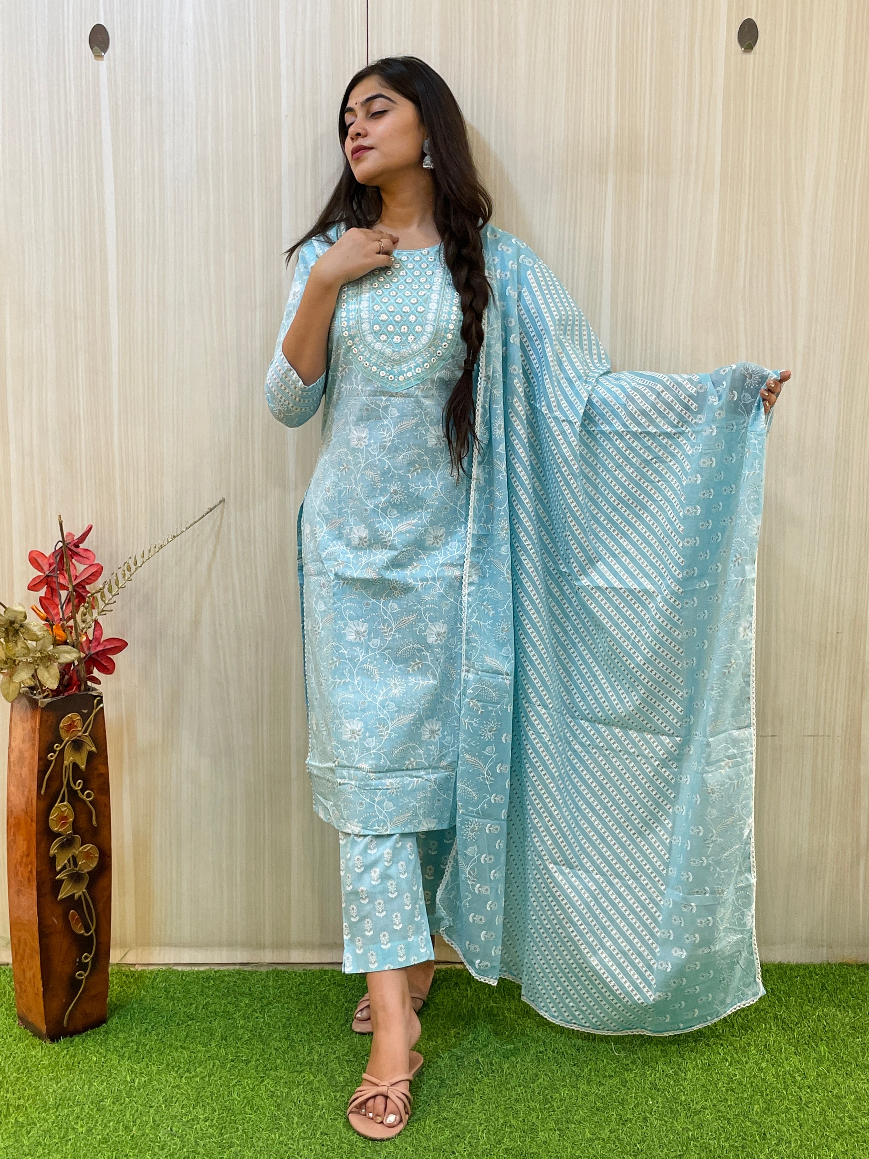 Sky Blue Color Floral Printed Kurta Set