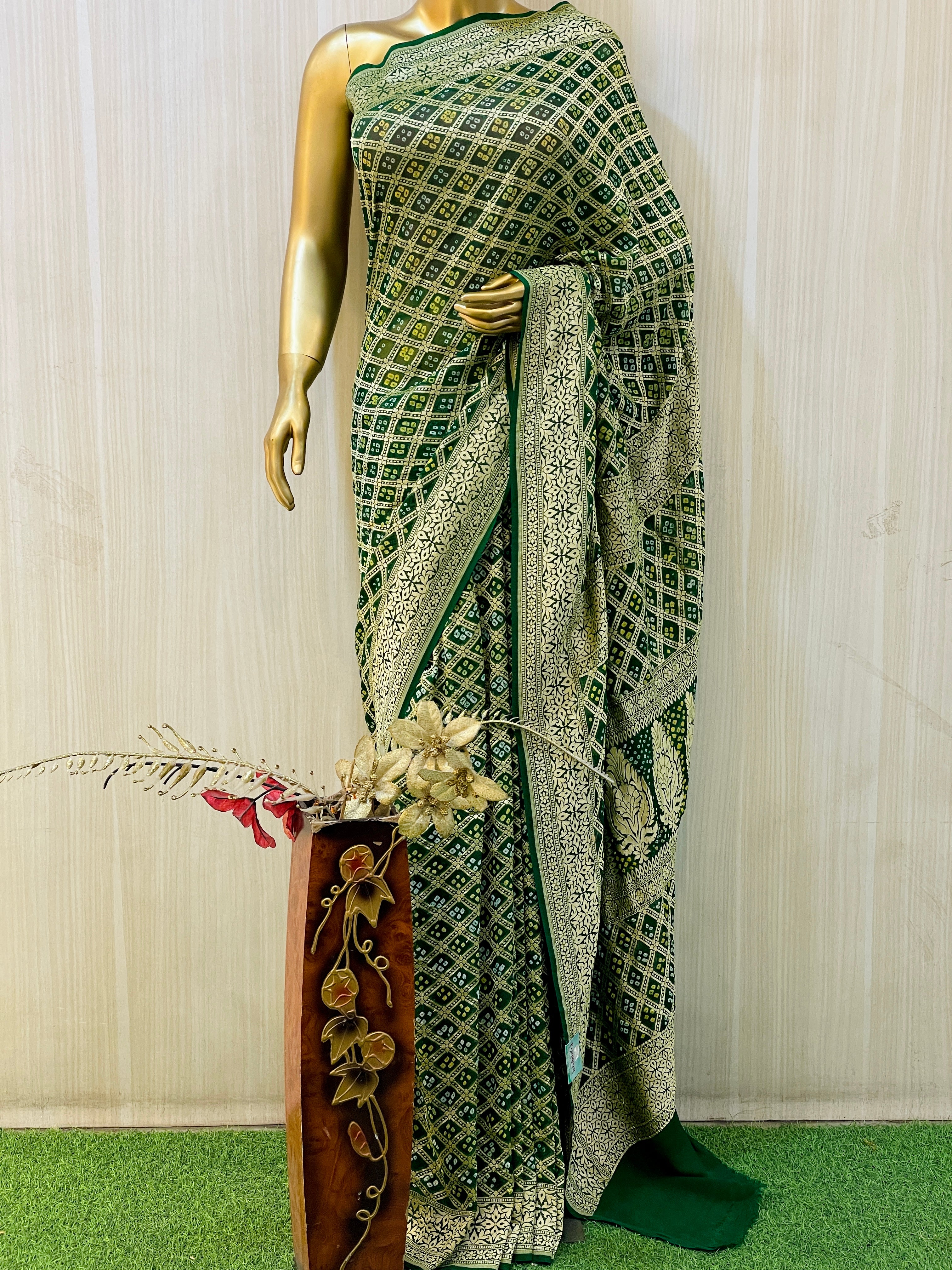 Rakshita Green Khadi Geogette Bandhani Saree