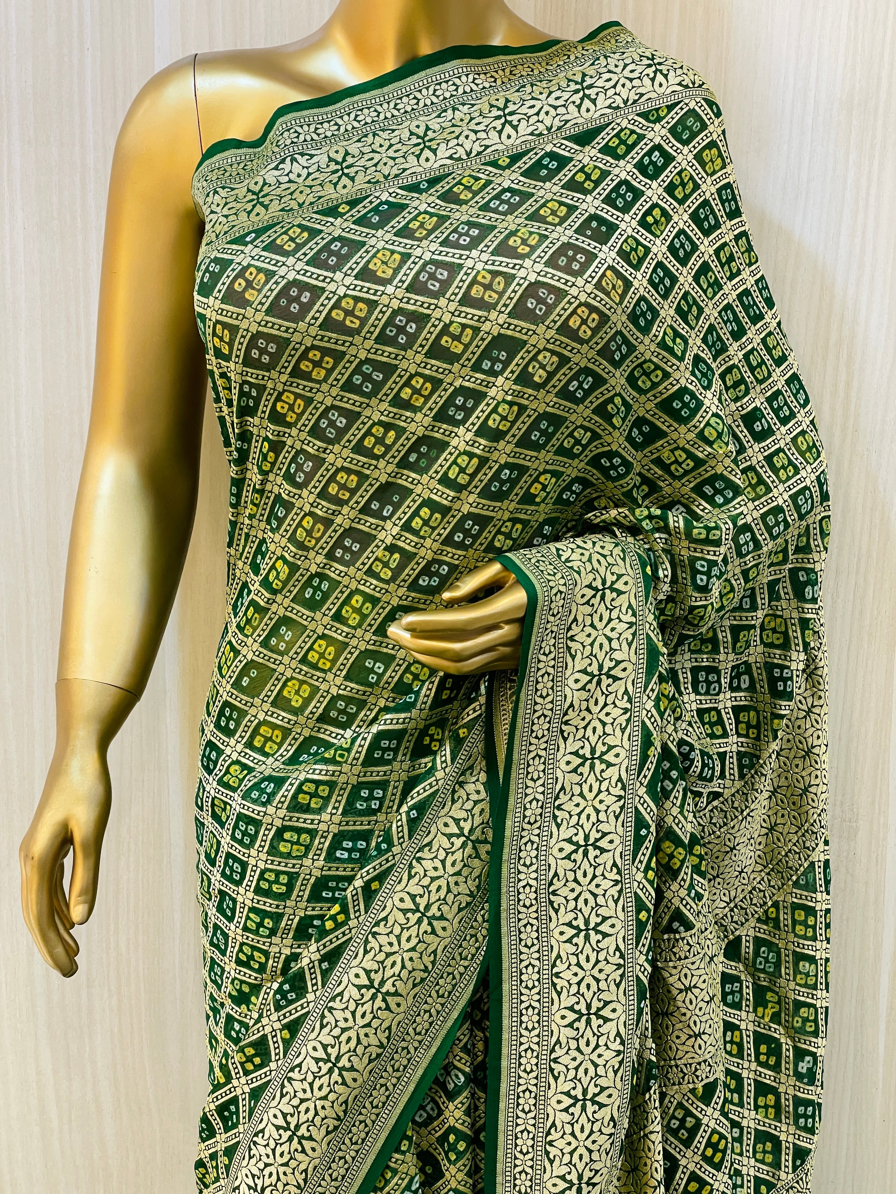 Rakshita Green Khadi Geogette Bandhani Saree