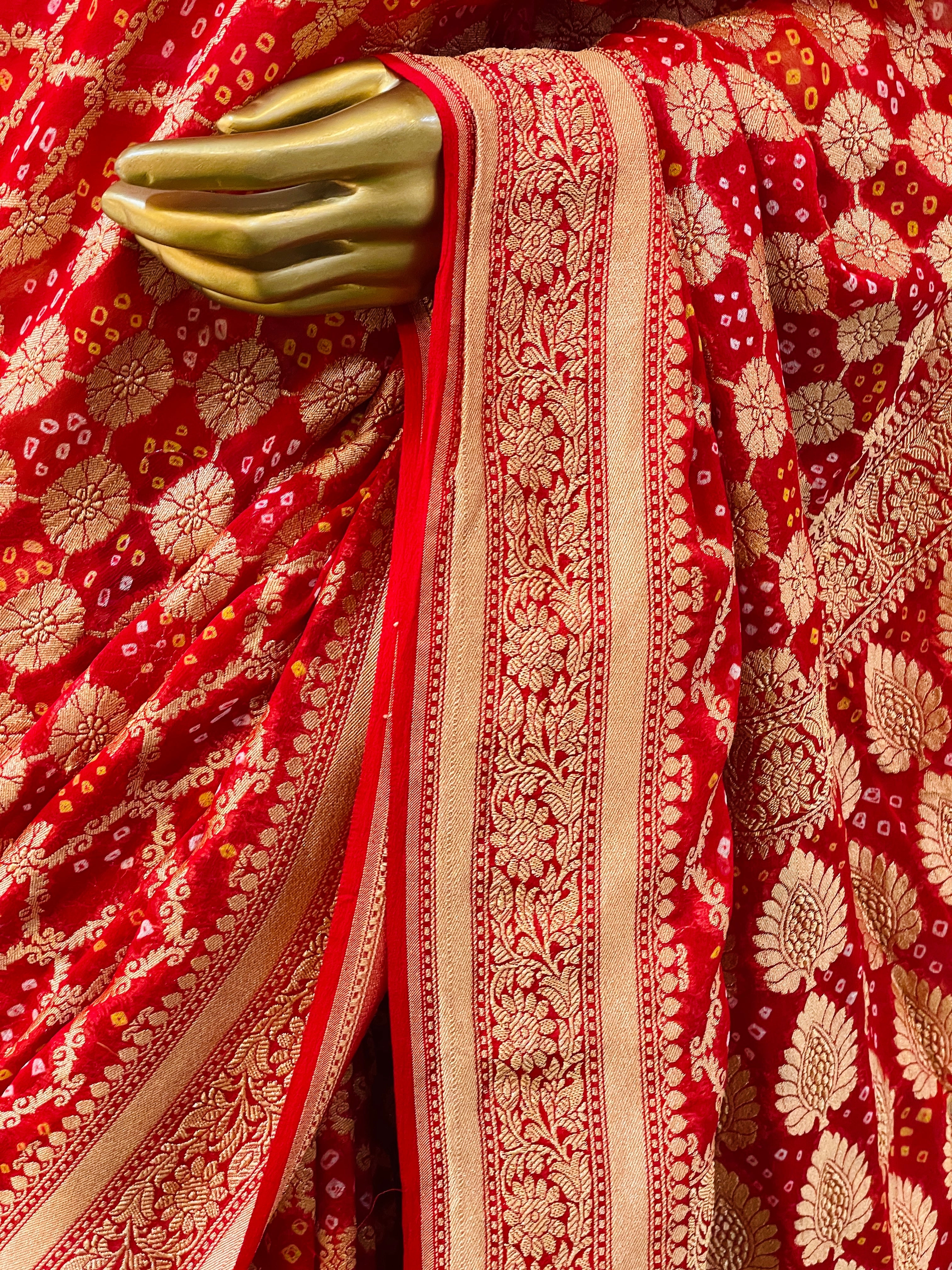 Rakshita Red Khadi Geogette Bandhani Saree