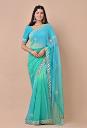 Indriya Blue & Green Platinum Chiffon Saree