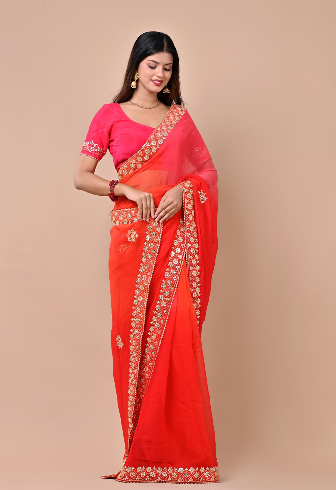 Indriya Peach & Orange Chiffon Saree