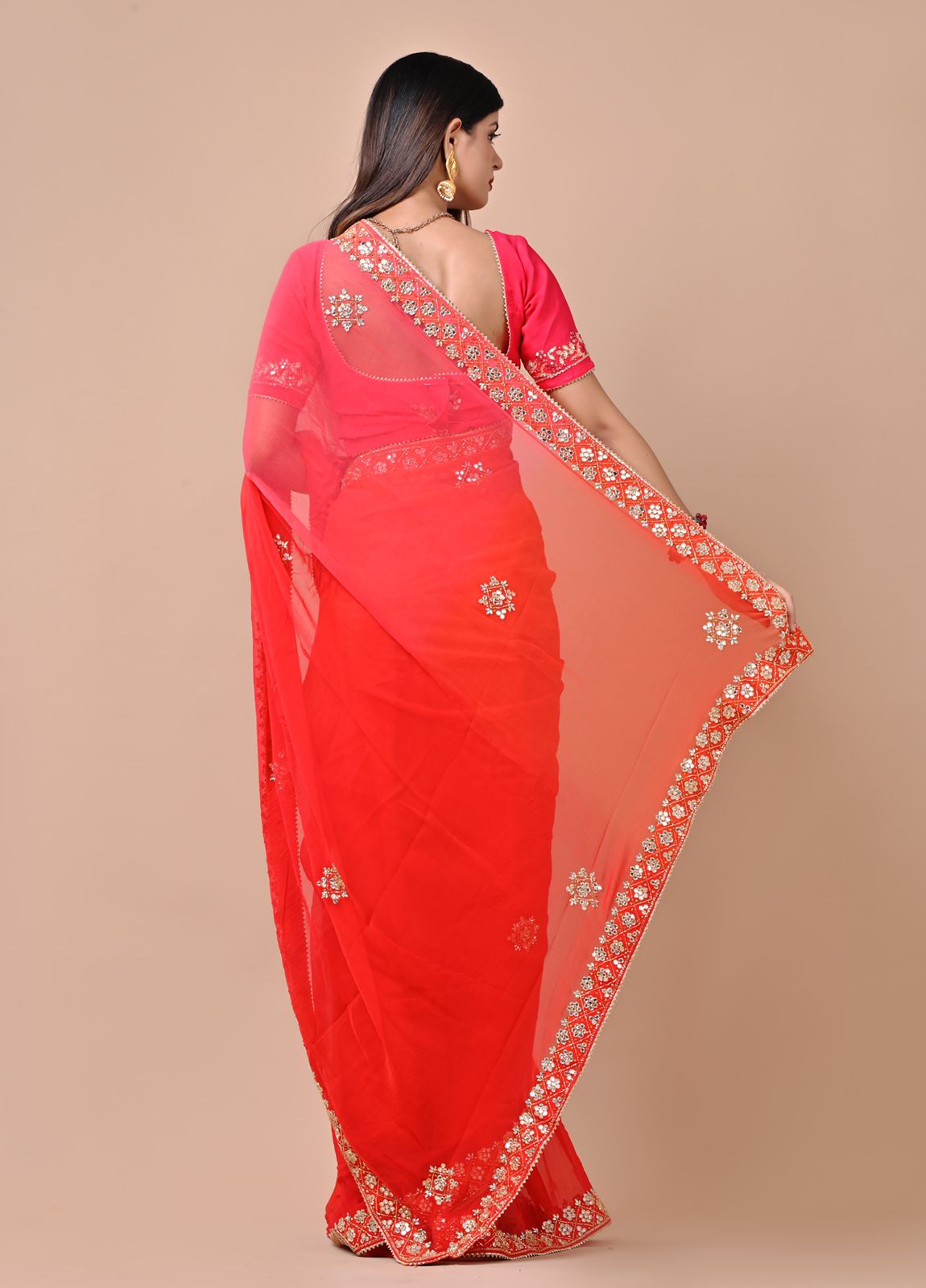 Indriya Peach & Orange Chiffon Saree