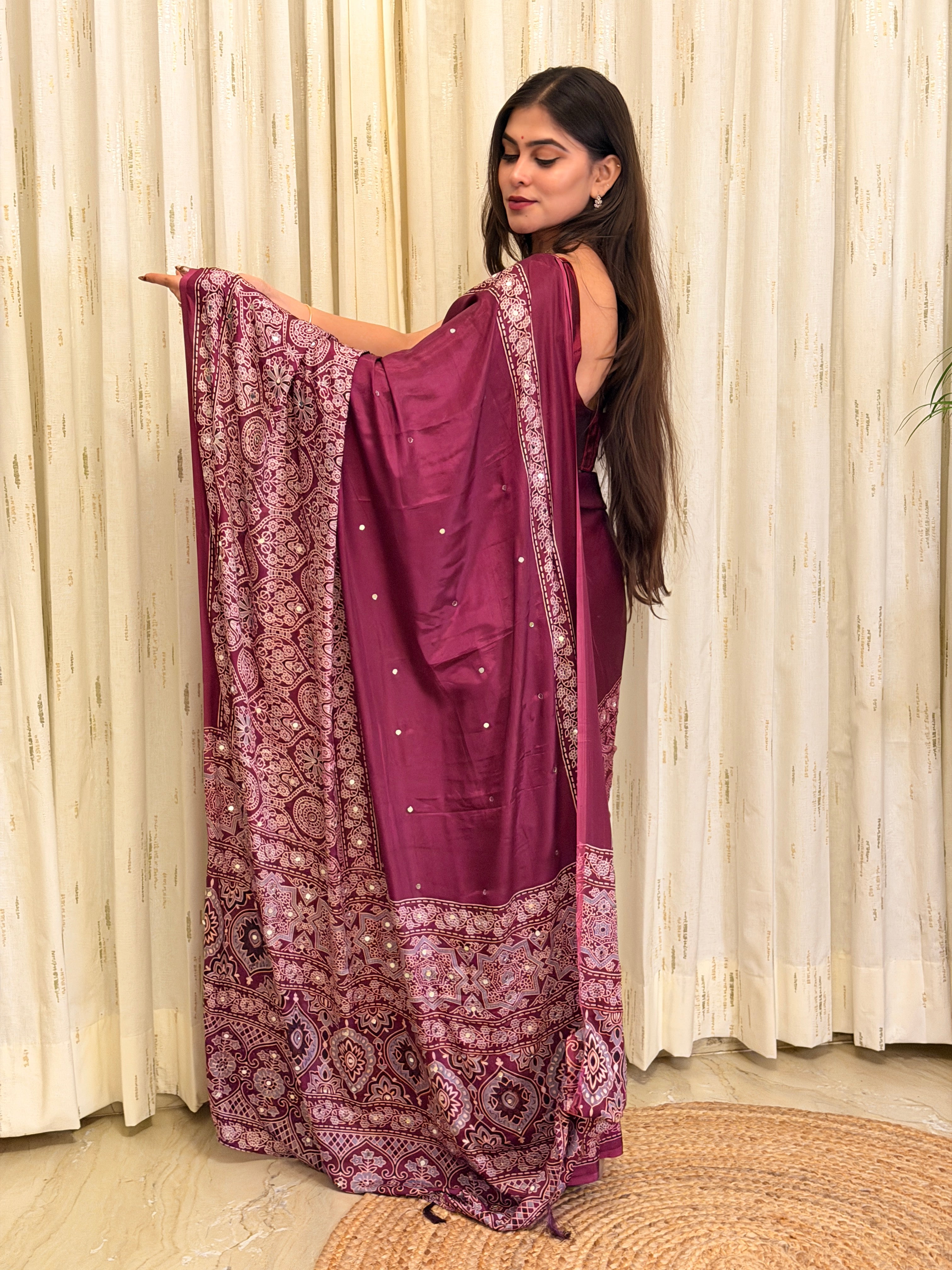Ishani Plum Ajrakh With Mirror Work Saree