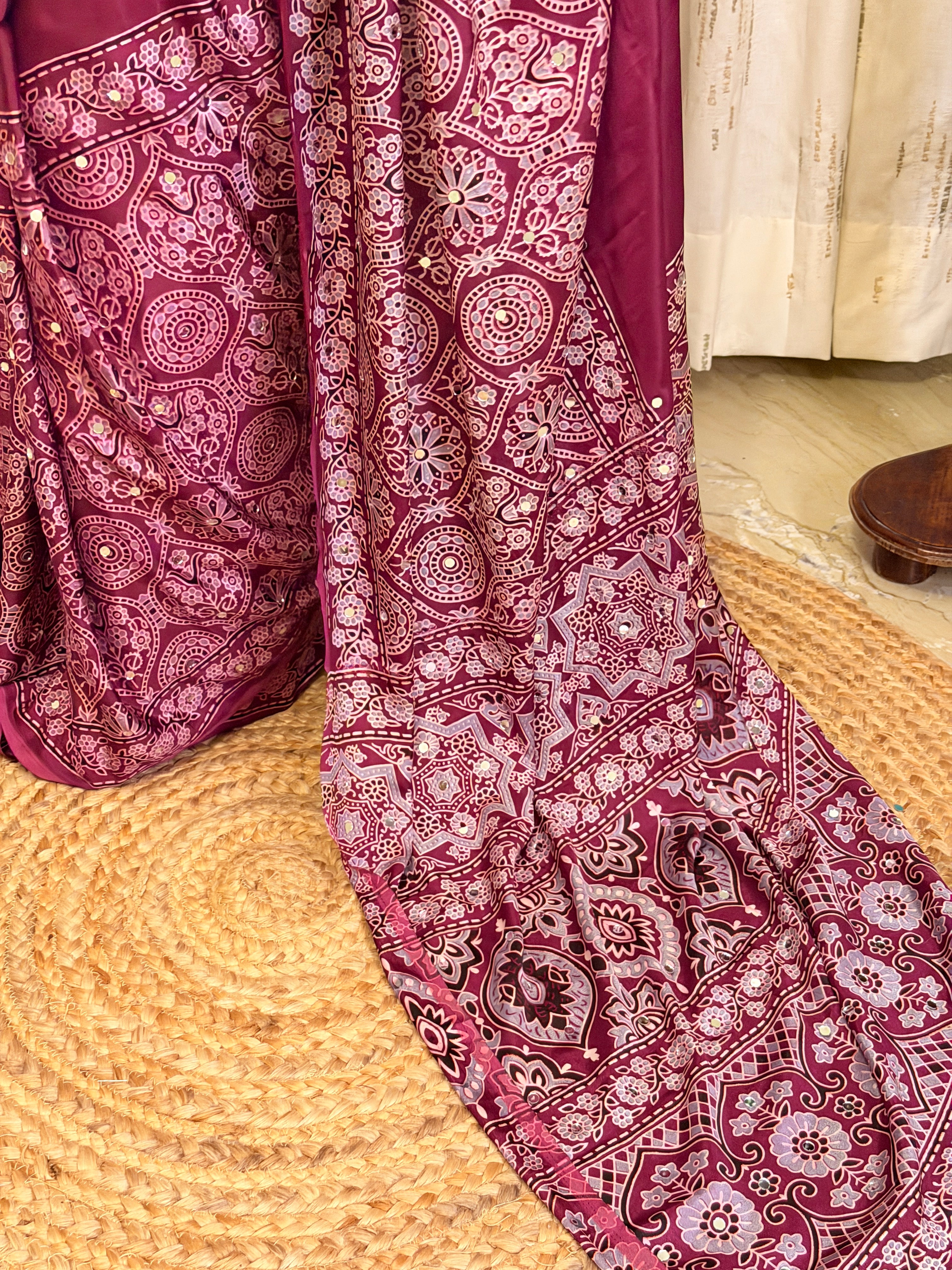 Ishani Plum Ajrakh With Mirror Work Saree