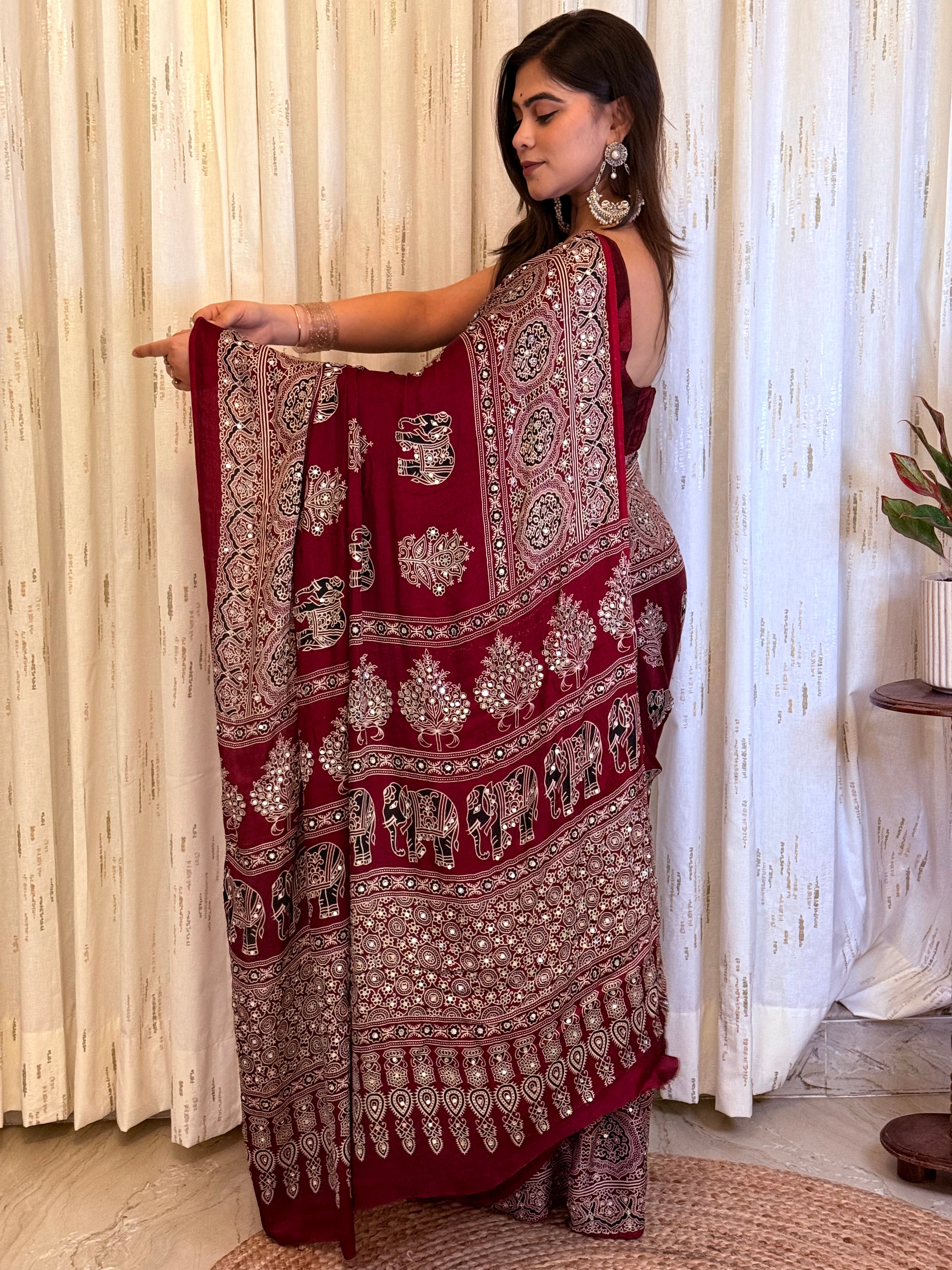 Ziyana Modal Maroon Silk Ajrakh Saree